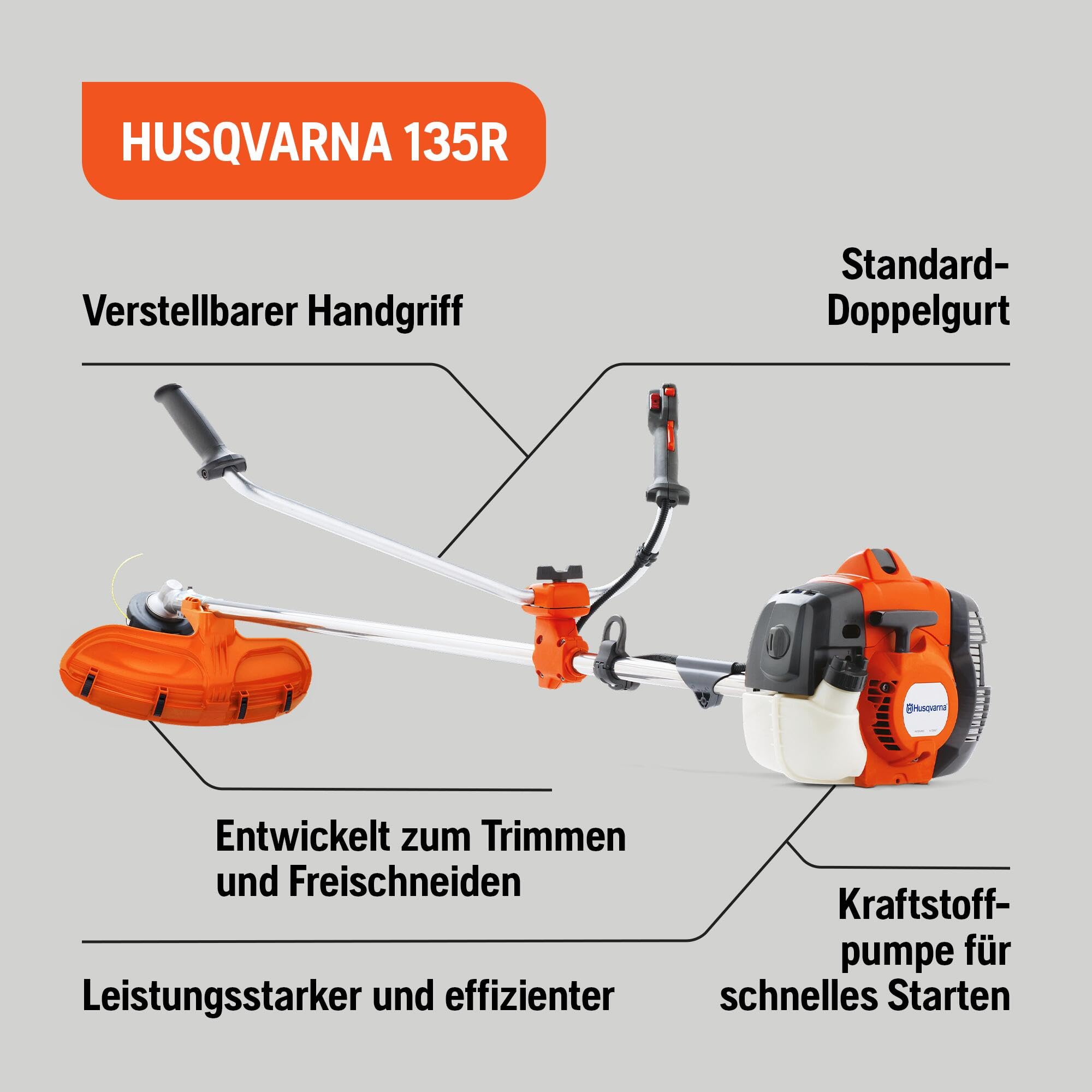 Husqvarna 135R Benzin-Freischneider mit Bullhorn-Griff | 34,6-cm³-X-Torq®-Motor, 47 cm Schnittbreite, inklusive Schneidfaden