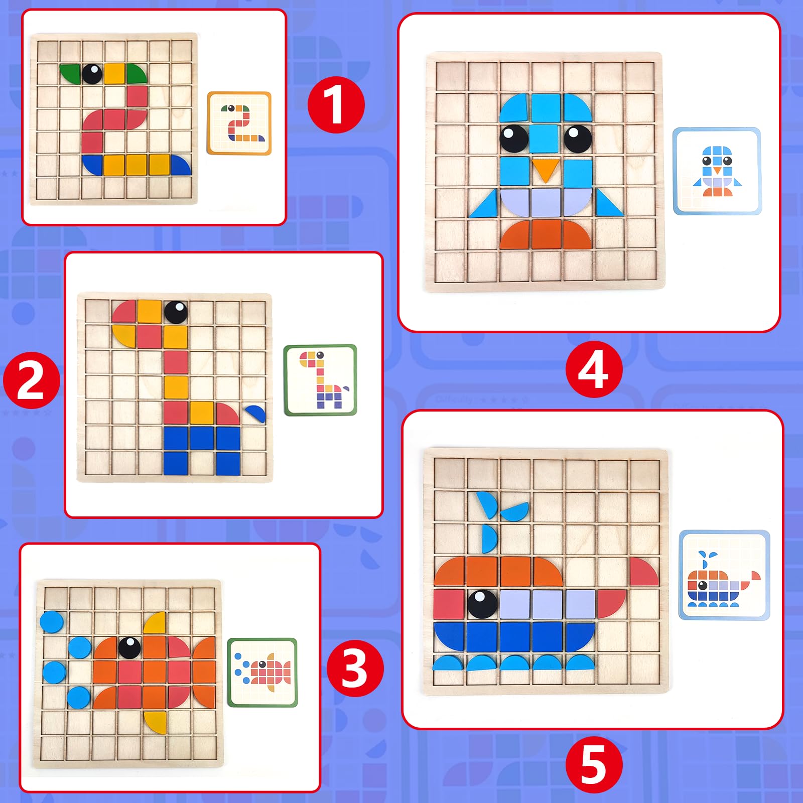 Guopai 140 Pezzi Tangram in Legno per Bambini, Puzzle a Mosaico Creativo con 20 Carte Modello, Giochi Montessori Educativi, Giocattolo Logico Regalo per Ragazzi e Ragazze dai 3 Anni - 5