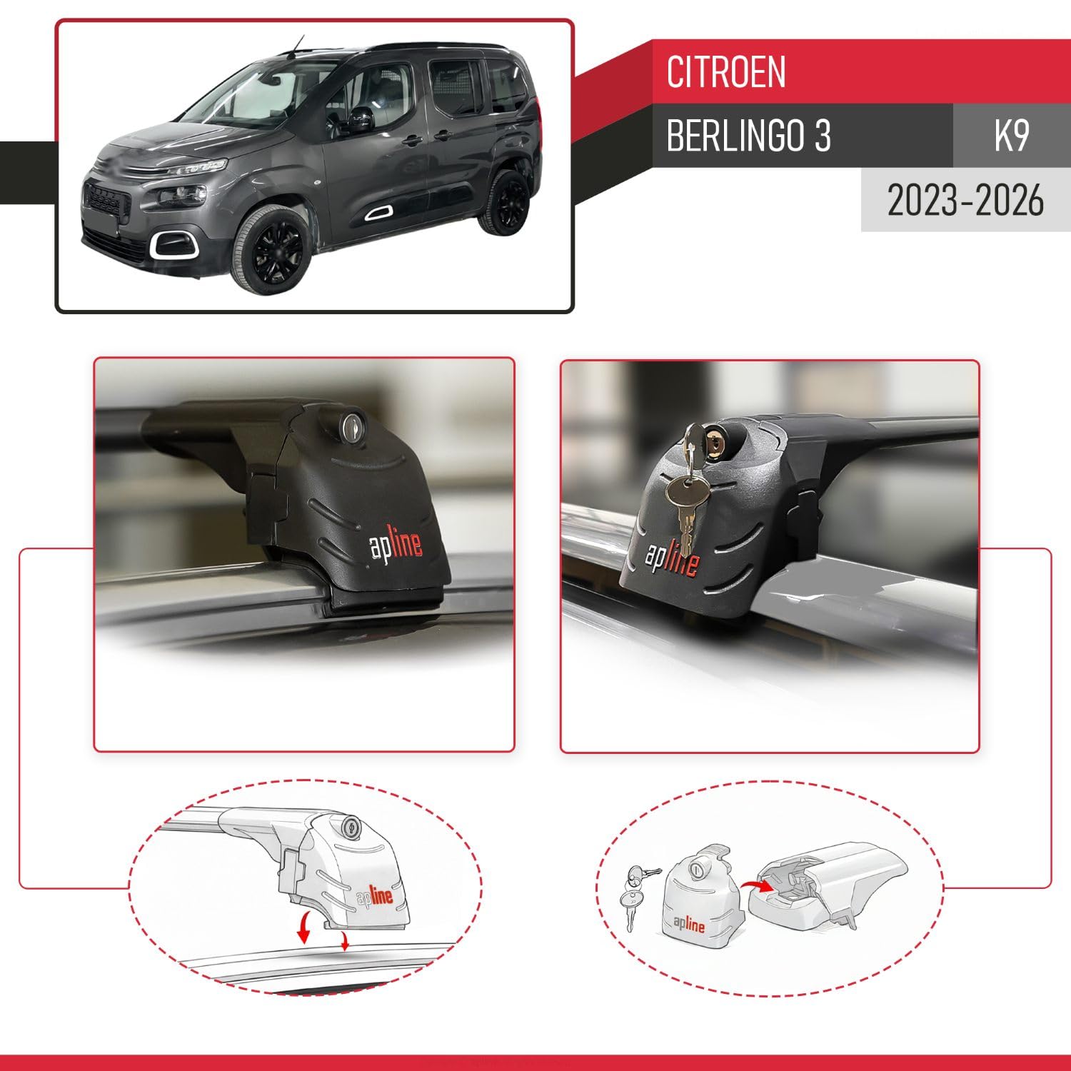 Kompatybilny z Citroen Berlingo 3 (K9) 2023-2026 ACE-2 Model Aluminiowe poprzeczki dachowe Czarny 2 szt.