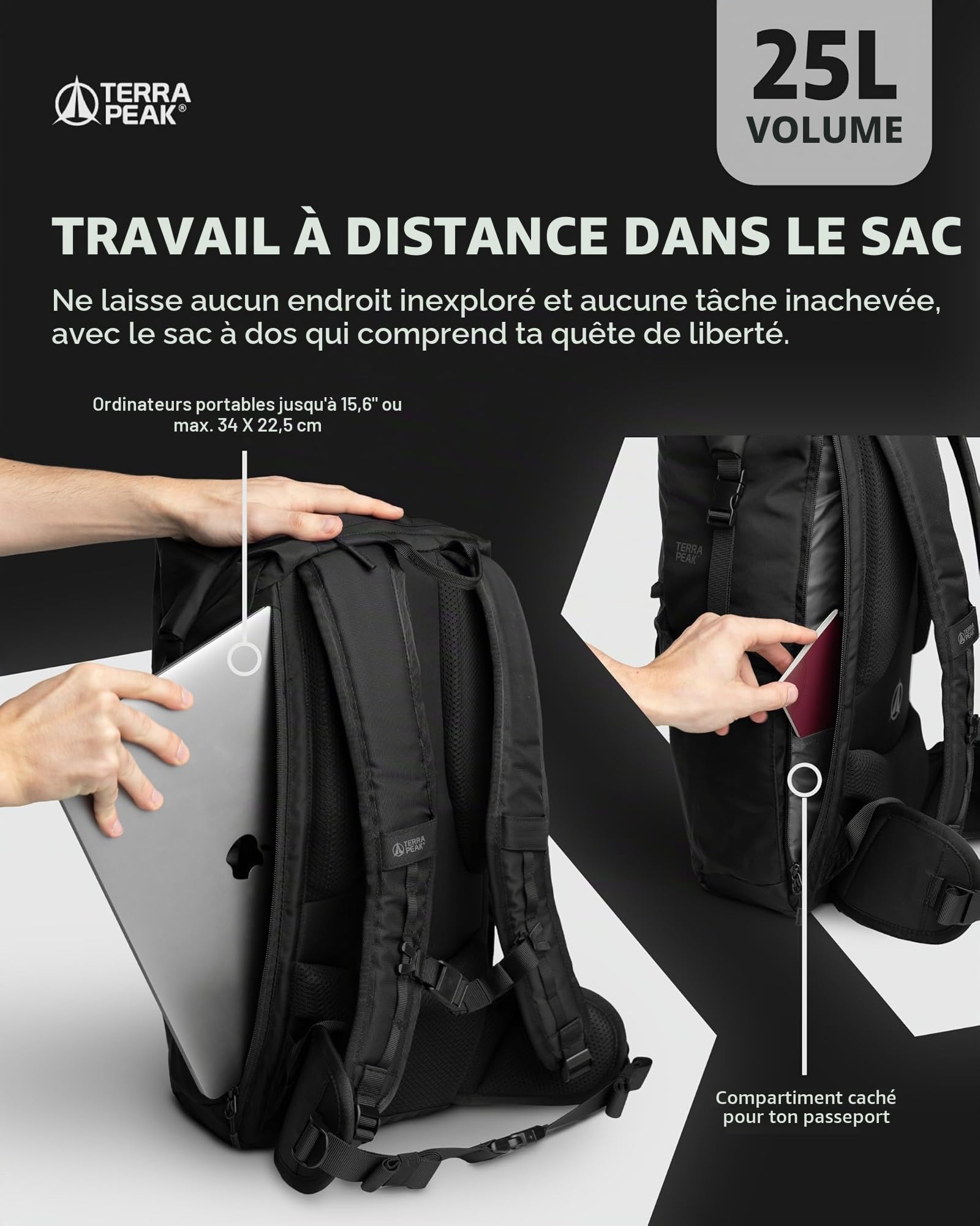Terra Peak® Sac à dos Rolltop 20-25 litres (46x26x17cm) femmes et hommes (HELIN) noir - Sac de voyage, bagage à main en avion, de randonnée et trekking avec compartiment ordinateur portable (15")