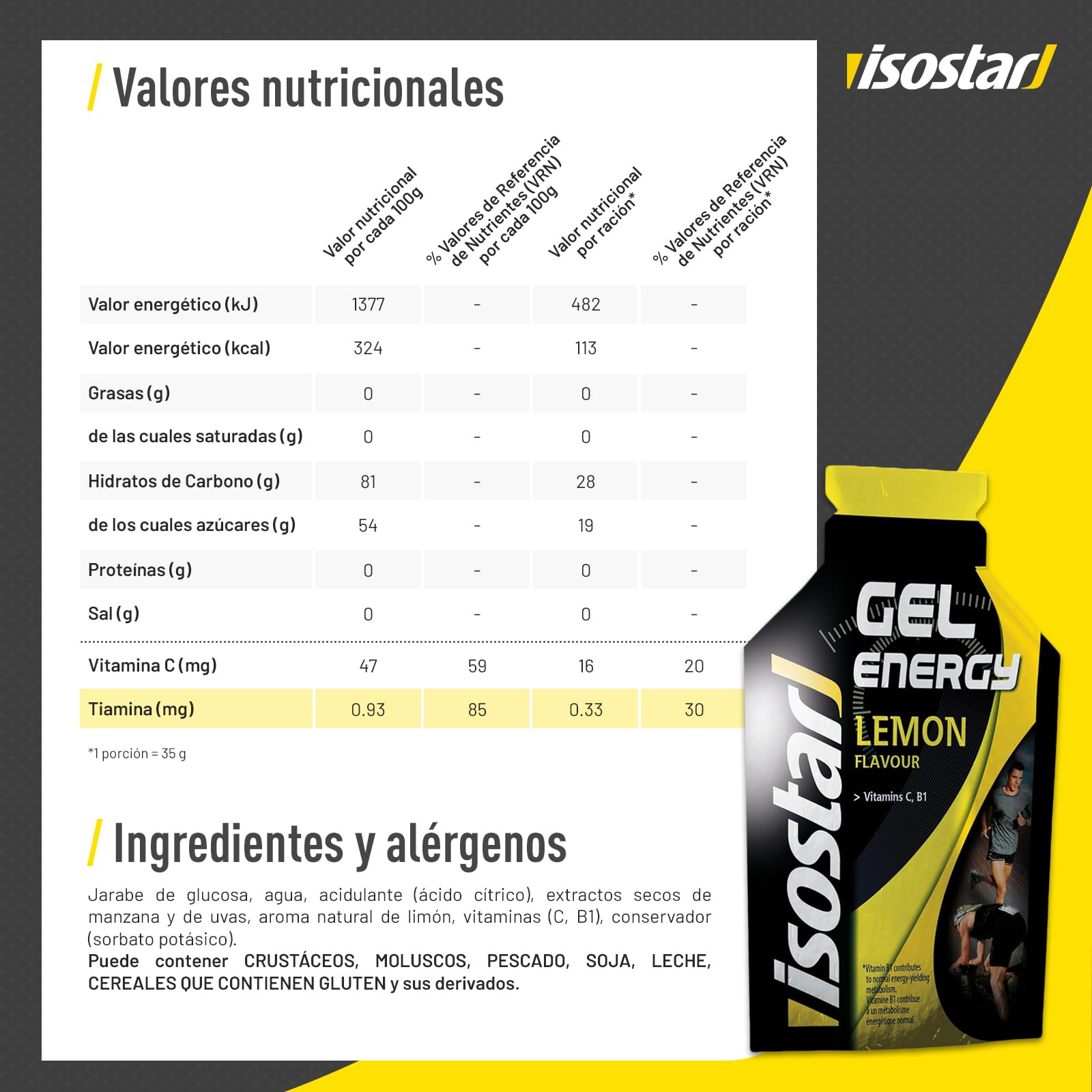 Isostar, Caja Gel energético sabor limón. Con Vitamina C y B1 ideales para mantener el metabolismo energético durante el esfurezo. (24 unidades)