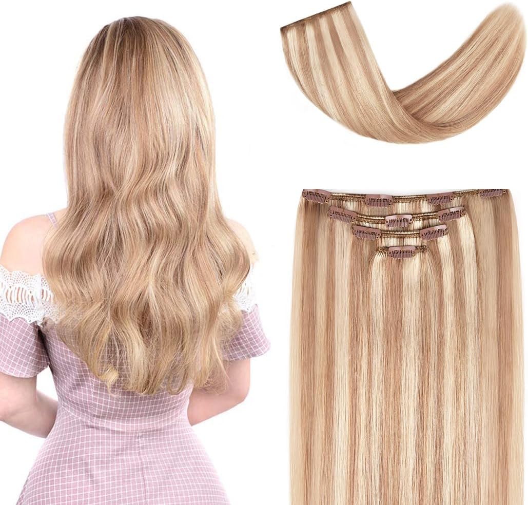 14" Clip in Hair Extensions Remy Human Hair for Women - Silky Straight Human Hair Clip in Extensions 50grams 4pieces #18-613 Color