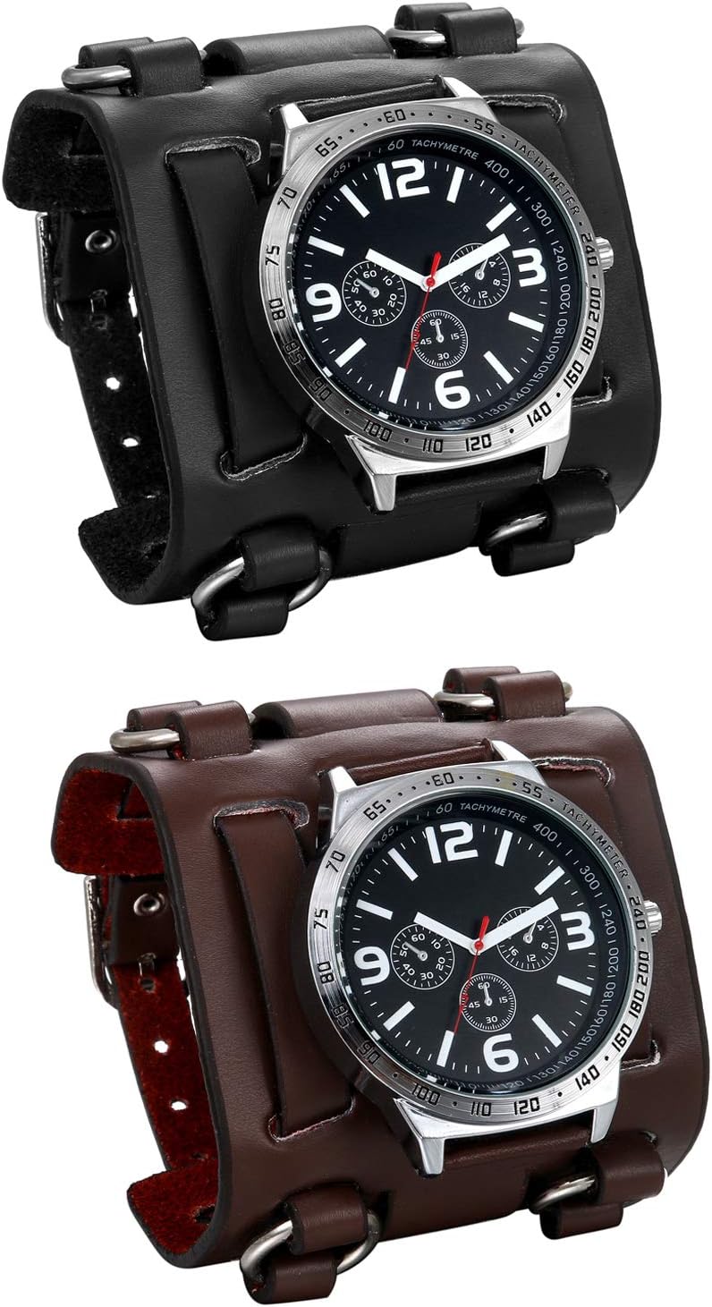 JewelryWe Men's Watch Analogue Quartz 30m Waterproof Sports Watch Watches with Wide Leather Genuine Leather Strap Black/Brown