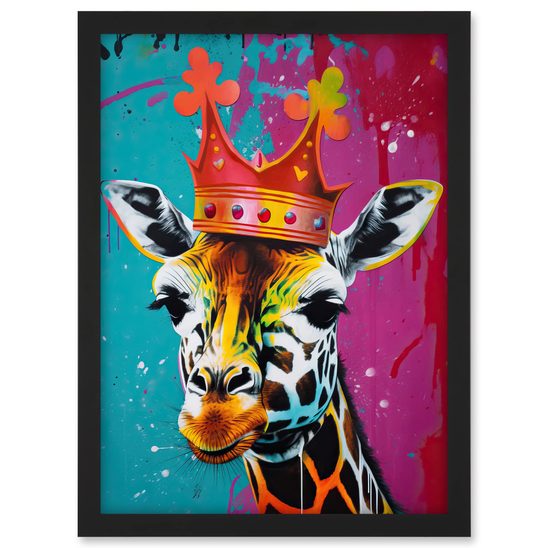 Artery8 King Queen Giraffe Wearing a Crown Modern Pop Art Artwork Framed A3 Wall Art Print