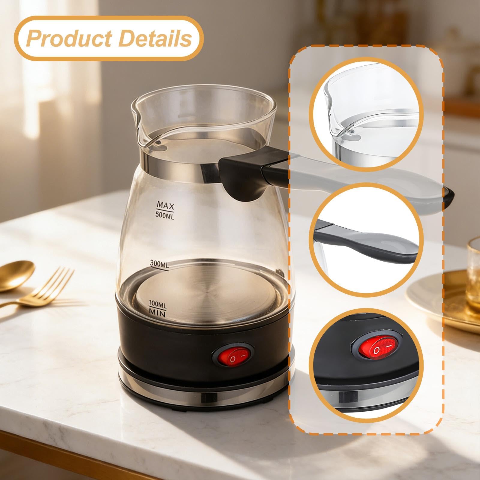 Milageto Elektrische Kaffeekanne, 500 ml Mokkakanne, türkische Kaffeemaschine mit Verbrühschutz für Tee, Kaffee & kalte Getränke, elektrische Kaffeemaschine für zu Hause, Cafés, Camping, Clar