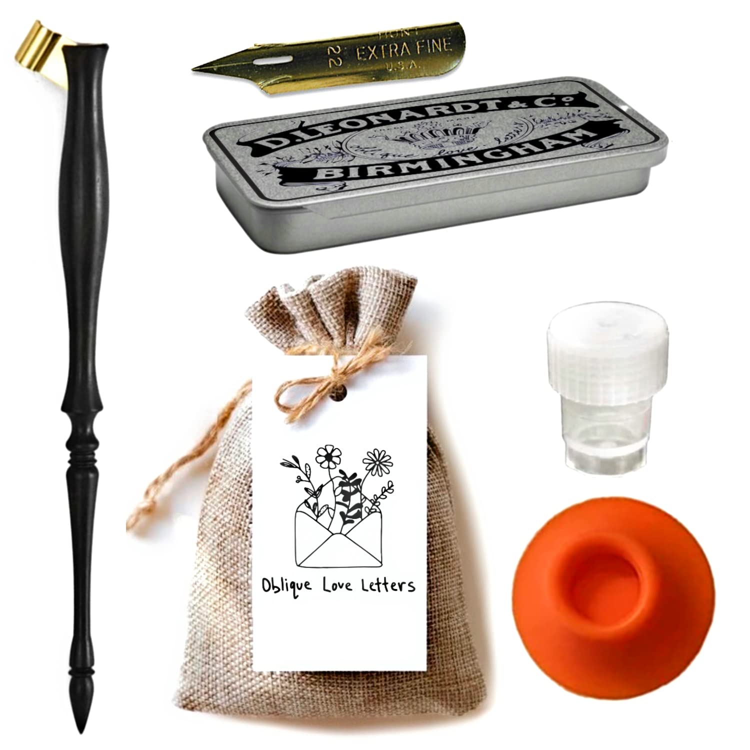 Calligraphy Set with Oblique Calligraphy pen, Empty ink bottle, dinky dip ink holder, Speedball Hunt