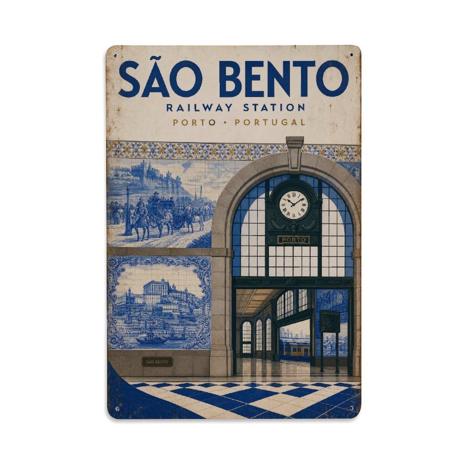 Huiyhb 8X12inch(20X30cm) Vintage Travel Sao Bento Station Azulejo Tiles Portugal Metal Tin Sign