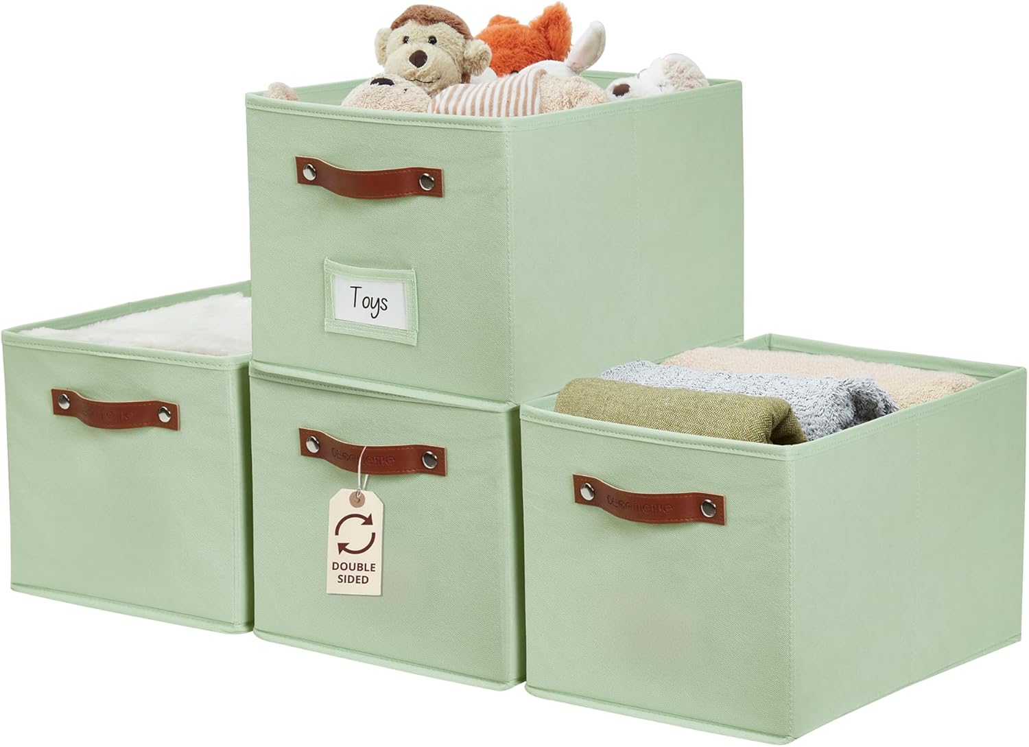 DECOMOMO Storage Baskets for Shelves - Large 15"x11"x10" Foldable Fabric Storage Bins, Baskets for Organizing with Labels (Green, 4pcs)