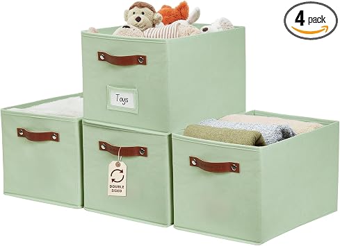 DECOMOMO Storage Bins, Storage Baskets for Shelves Green | 4 Pack Fabric Storage Bins, 15" x 11" x 9.9" Foldable Storage Bins with Labels