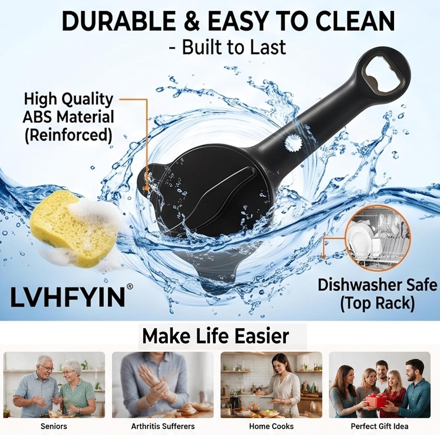 4-in-1 Adjustable Jar Opener, Ergonomic Kitchen Lid Opener for Seniors, Arthritis & Weak Hands, Multi-Function Bottle Opener for Beer Salad Dressing Jars