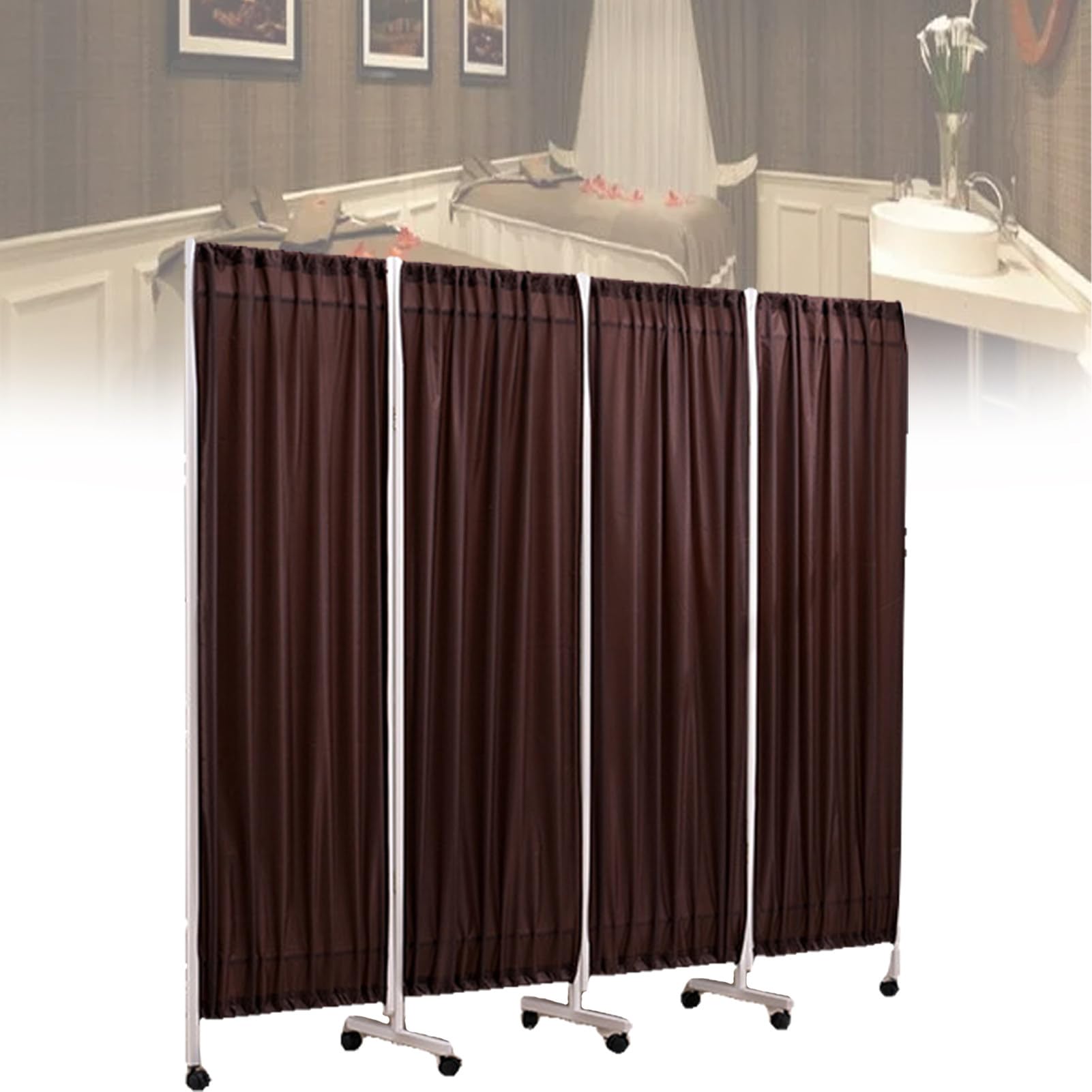 Paravent médical à 4 panneaux mobile et pliable en tissu avec roues