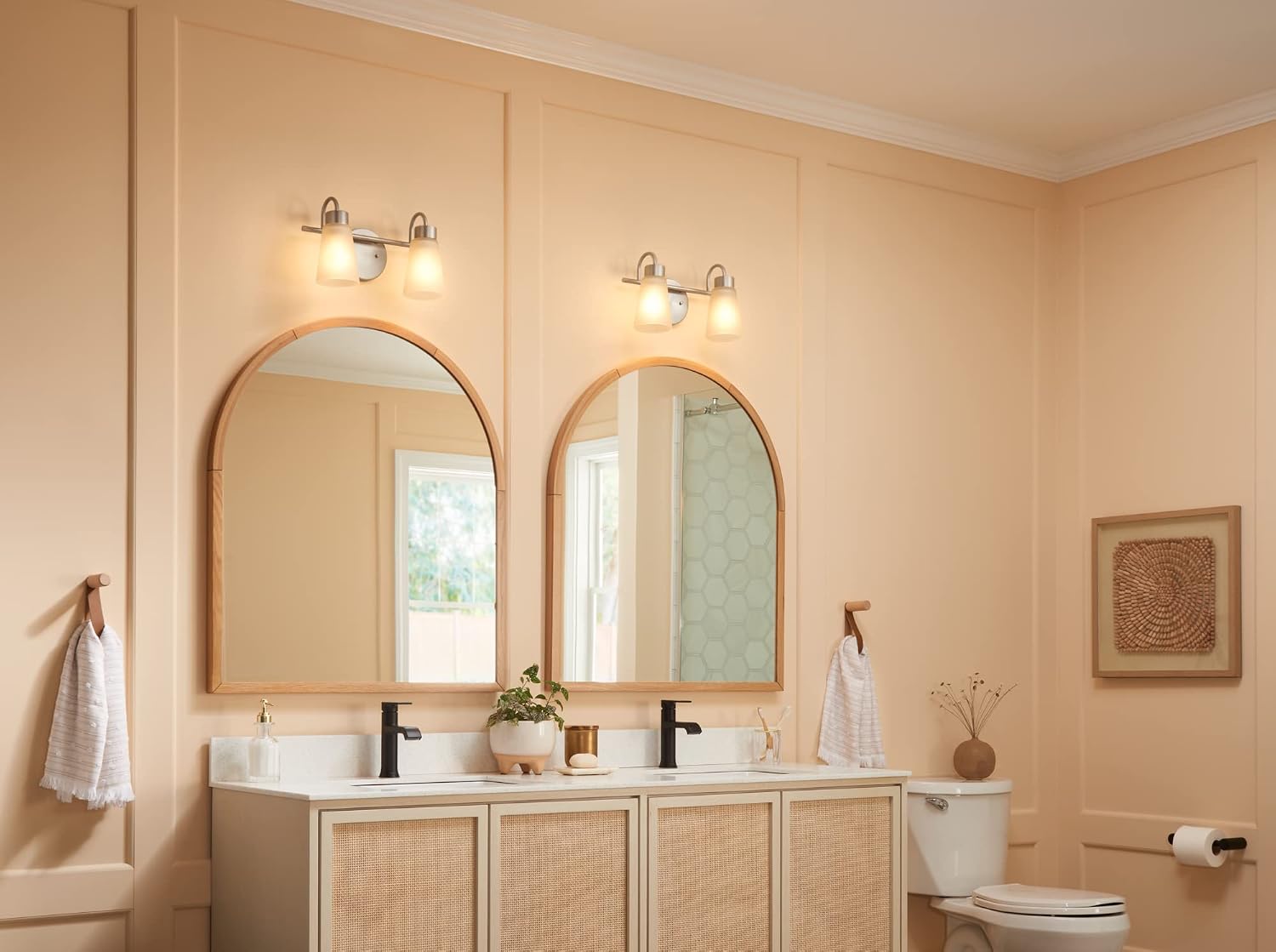 Kichler Stamos 2-Light Bathroom Vanity Light Fixture with Satin Etched Glass Shades, Modern Wall Mount in Brushed Nickel for Mirror Lighting (13 x 8 x 5 in), 45887NI