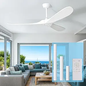 White Modern 52 Inch Outdoor Ceiling Fan with Remote, Wood 3 Blade High CFM Wet Rated Ceiling Fans for Patios Porch Gazebo -Propeller Ceiling Fan for Indoor Living Room Bedroom Kitchen