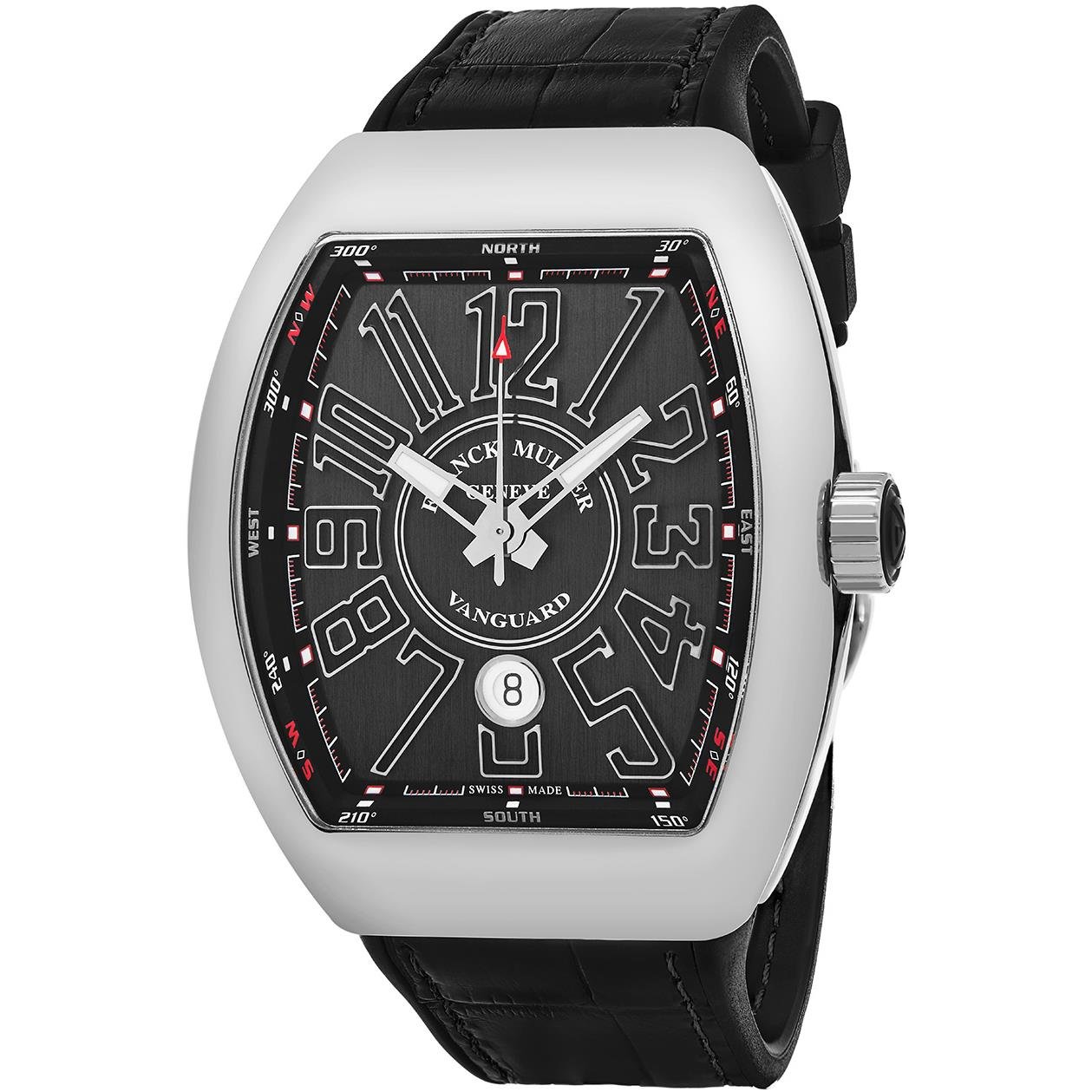 Franck Muller Vanguard Automatic Watch - Tonneau Analog Black Face Automatic Mens Watch with Luminous Hands, Date and Sapphire Crystal - Black Band Swiss Made Luxury Watch for Men V 45 SC DT AC NR
