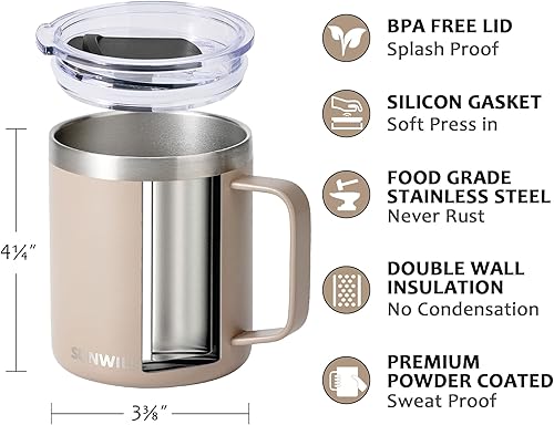 Miniatura 3 de SUNWILL - Taza de café aislada con tapa de acero inoxidable, con asa, de 14 onzas para el hogar, viajes, oficina, cumpleaños, recubrimiento en polvo