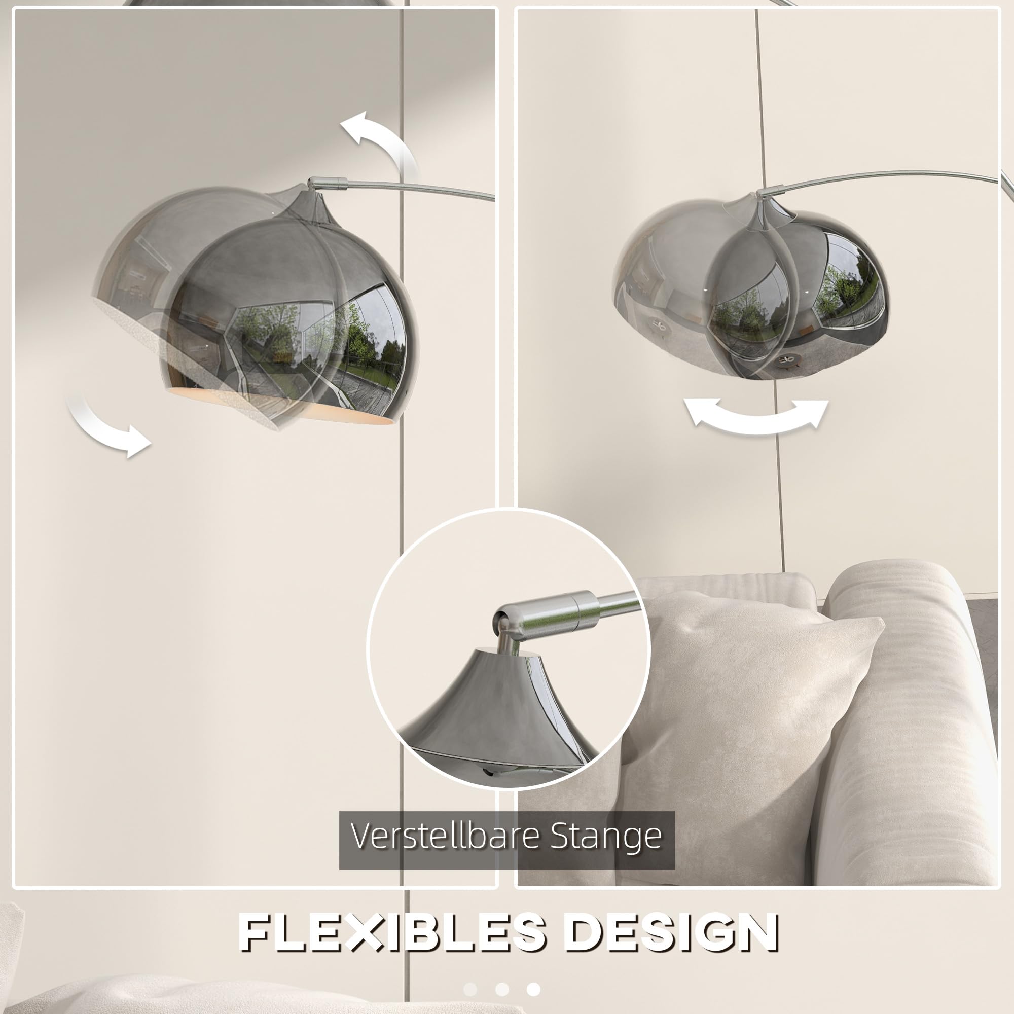 HOMCOM Stehlampe Stehleuchte höhenverstellbar, schwenkbar Bogenlampe mit E27 Fassung Standleuchte für Wohnzimmer Schlafzimmer, Silber, exkl. Glühbirne