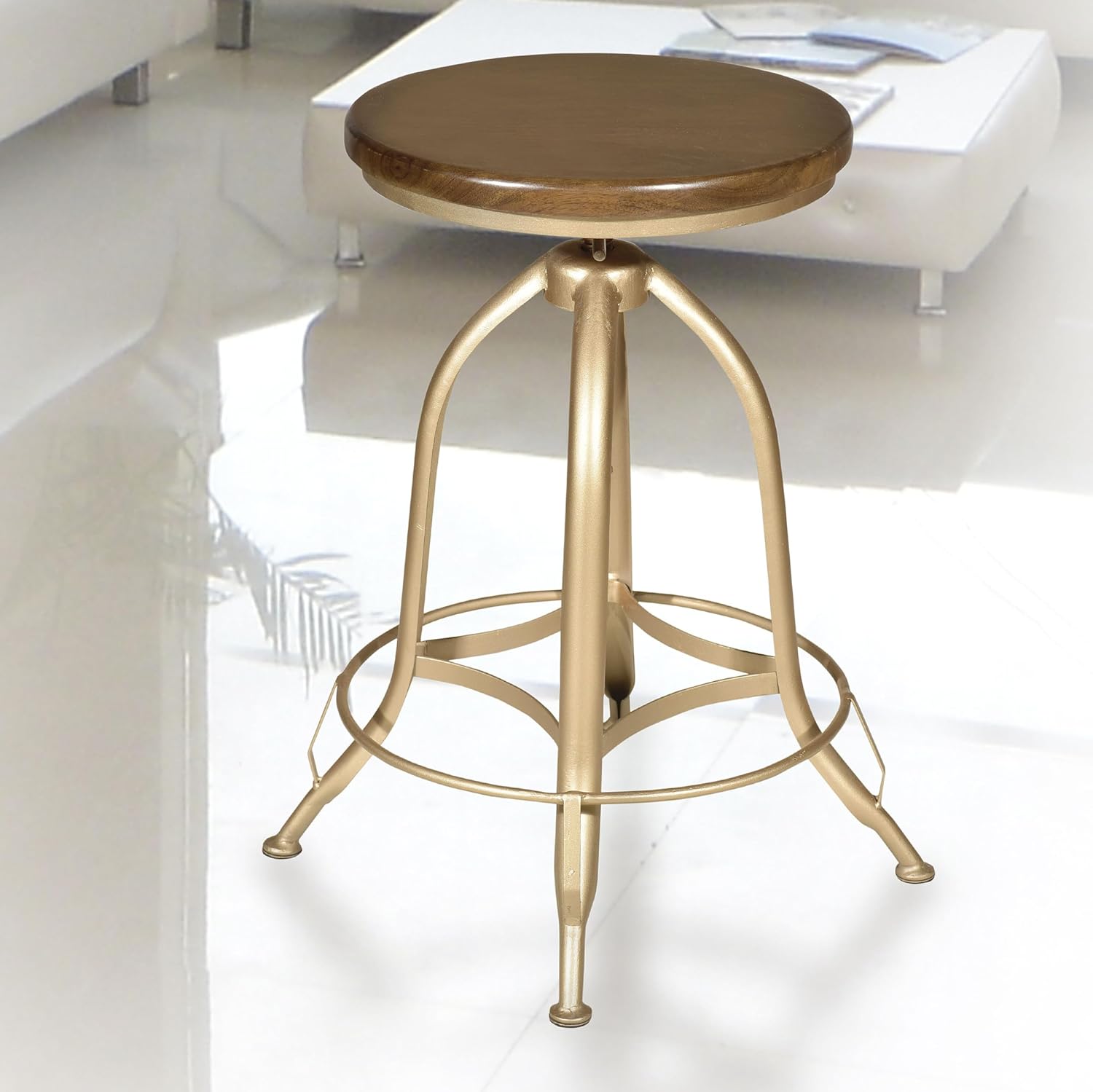 Carolina Chair & Table Ryder Adjustable Round Bar Stool - Powder Coated Finish Metal Frame Solid Wooden Seat Swivel Stool - Rustic Style Furniture for Counter, Dining Room, Kitchen (Elm/Gold)