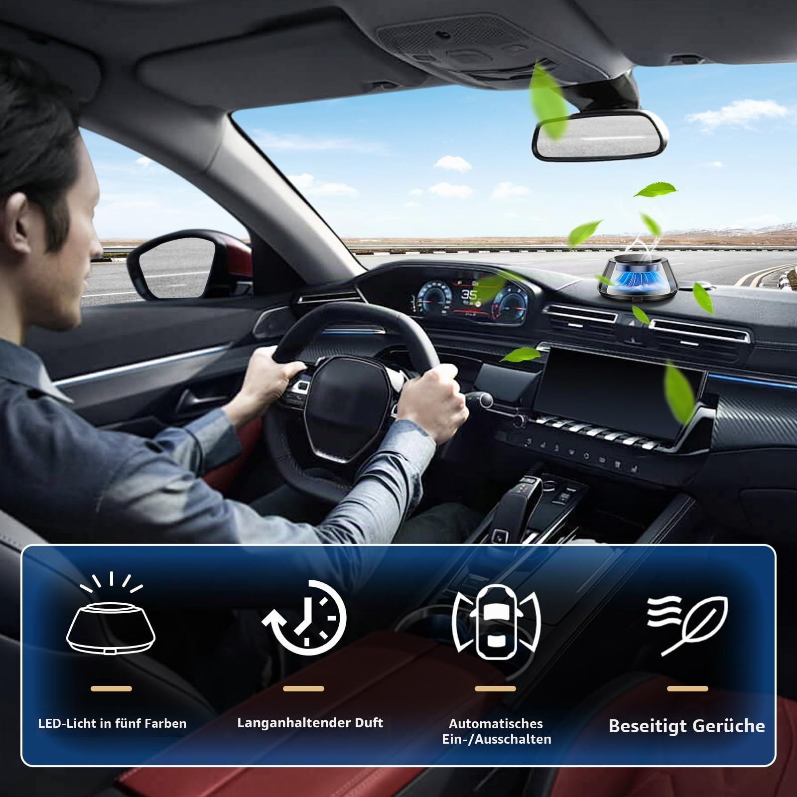 Kwak's Intelligenter Auto-Duftzerstäuber mit automatischer Ein‑/Ausschaltung, 5‑farbige LED‑Beleuchtung, 2 Nachfüllungen – Langanhaltendes Autoparfüm, Automatischer Duftdiffusor für Armaturenbrett