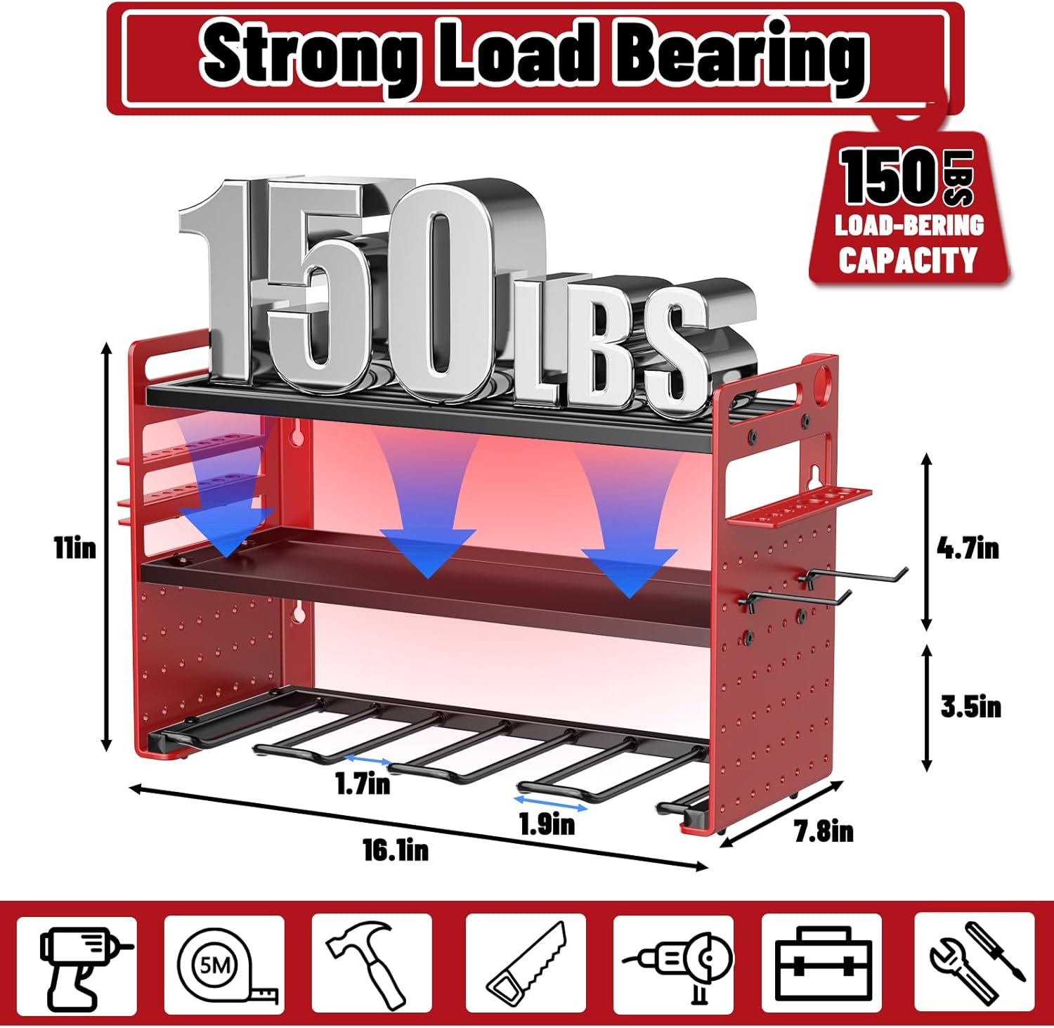 Modular Power Tool Organizer Wall Mount, Garage Drill Storage Shelf with Hooks, Heavy Duty Metal Premium Garage Tool Shelf, Gift for Man Cordless Tool Storage Rack (Red)