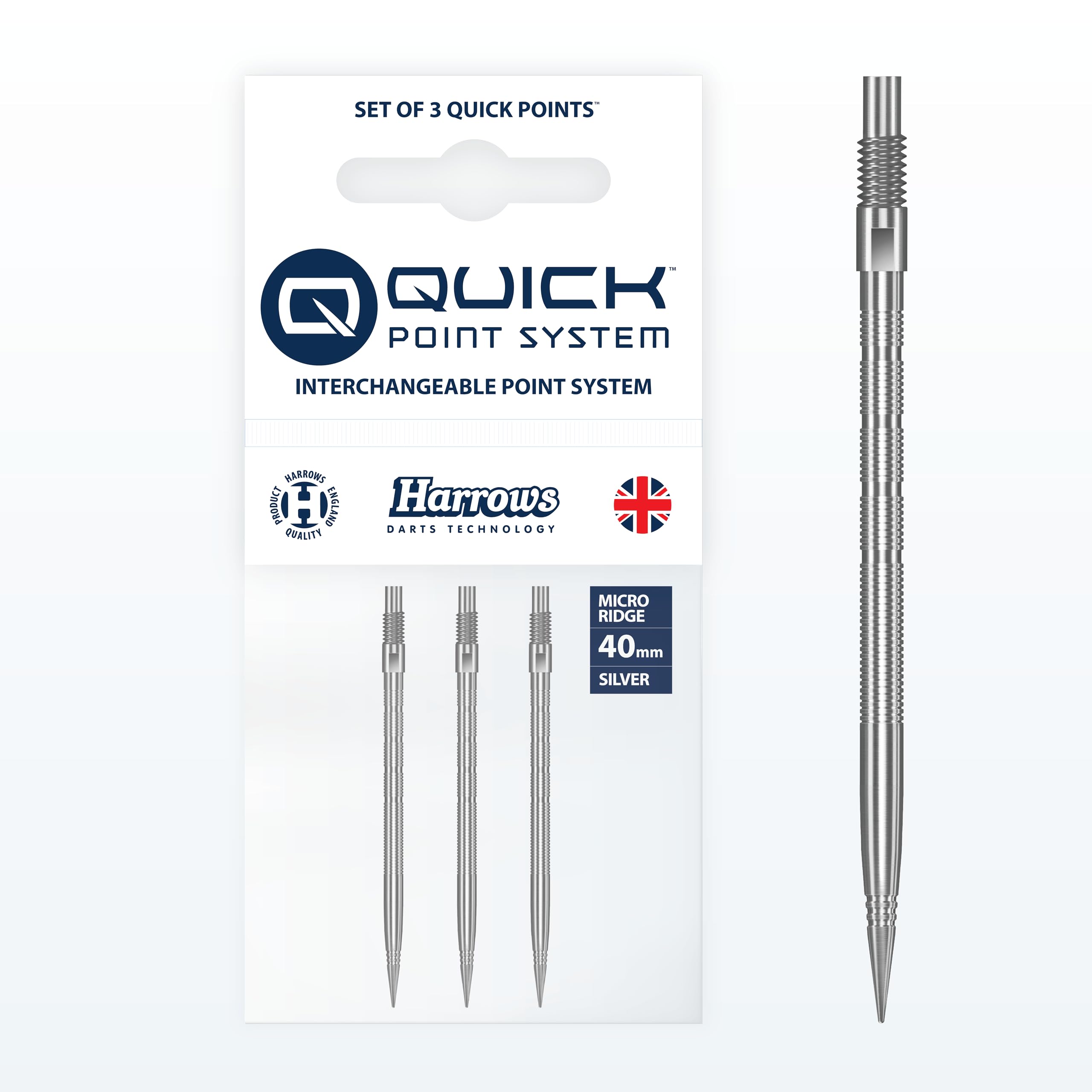 Harrows Micro Grip Quick Points – Precision CNC-Milled Dart Points with Enhanced Finger Grip & No-Break Design – Fast Swap Quick Point System (40mm, Silver)