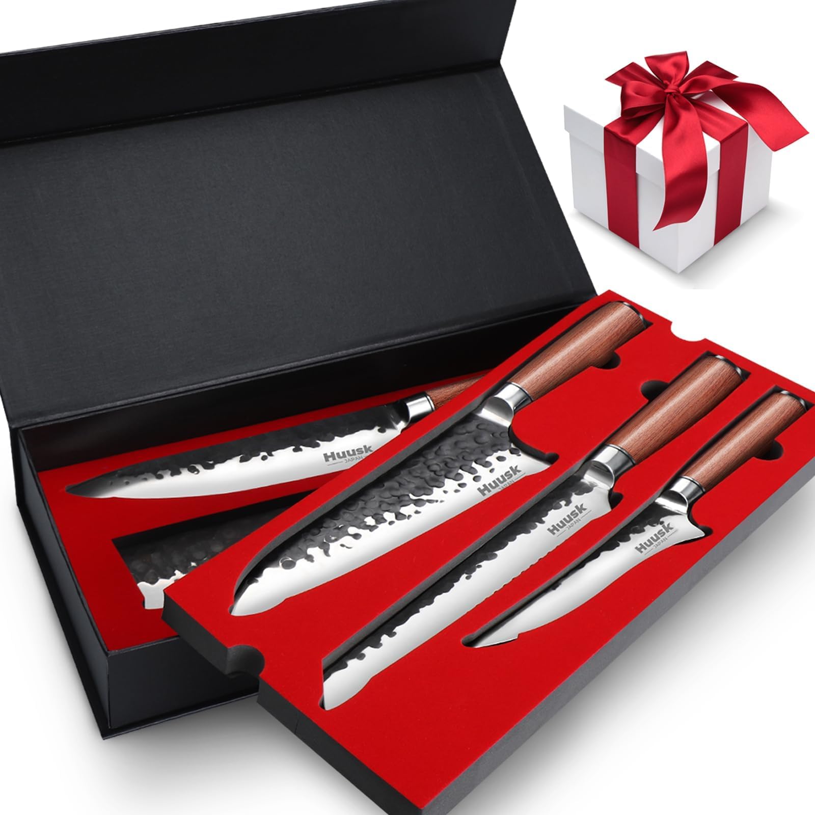 Huusk Japanese Chef Knife Set 6 pcs, Kitchen Knives with Hand-forged High Carbon Steel Blade, Sharp Cooking Knife Set with Ergonomic Wood Handle, Professional Kitchen Knives Sets, Christmas Gifts