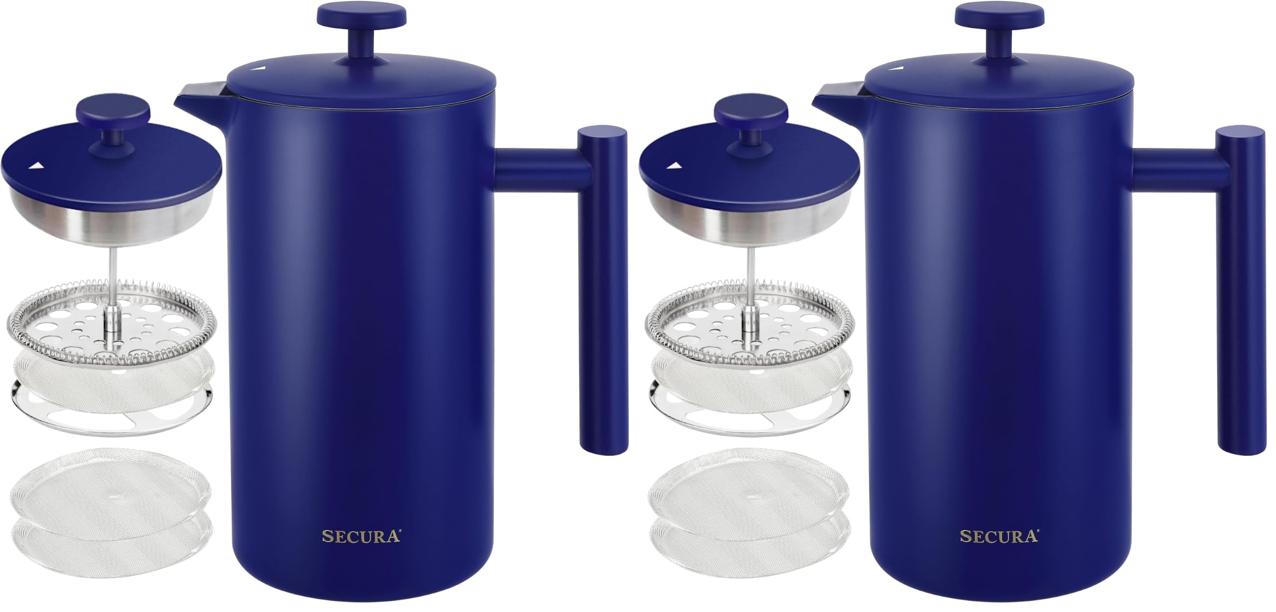 Secura French Press Coffee Maker, 304 Grade Stainless Steel Insulated Coffee Press with 2 Extra Screens, 34oz (1 Litre), Blue (Pack of 2)