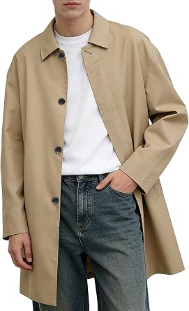 Betusline Mens Rain Jacket Waterproof Breasted Trench Coat Lapel Casual Long Jacket Windbreaker Overcoat