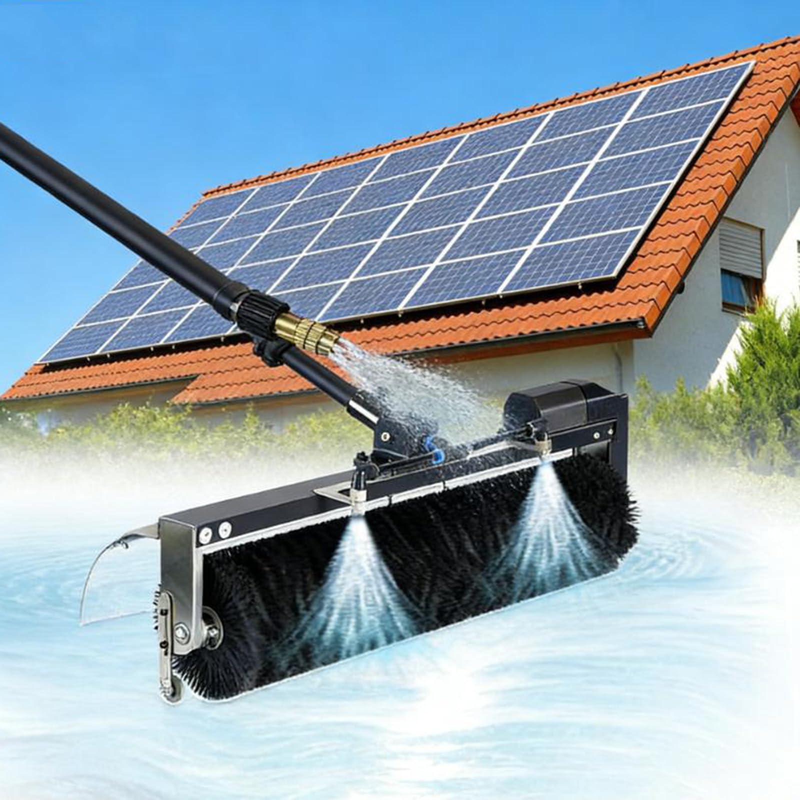 Nettoyage de vitres en hauteur facilité grâce à la perche alimentée en eau de 7,5 m