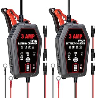 2Pack 3 AMP Motorcycle Battery Charger and Maintainer, 6V/12V Smart Fully Automatic Battery Charger for Lithium Lead-Acid LiFePo4 Batteries, Suit for Car, Motorcycle, Boat, Truck, Lawn Mower
