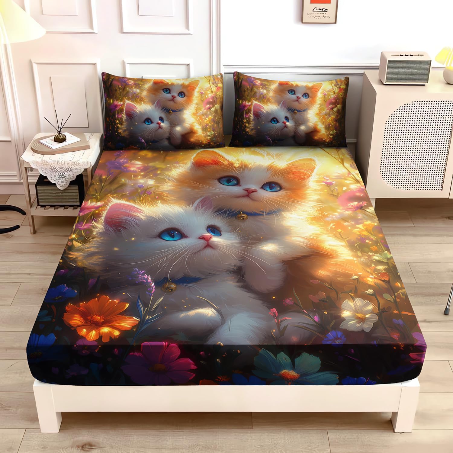 Cute Cat Toddler Bedding Set Full Size,Colorful Floral Bedding Sets for Kids Girls Bedroom Decor Aesthetic,Kawaii Animal Themed Fitted Sheet Sets,1 Fitted Sheet+2 Pillowcases.