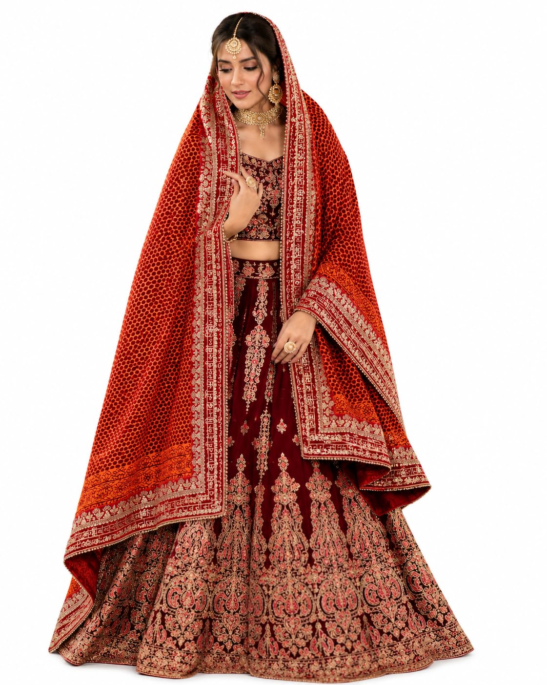 Meera's Collection Women's Orange Bridal Wedding Dupatta with Embroidered Border, Sequin Work & Traditional Sanskrit Border | Bridal Chunri for Wedding 2.25meter-image-47