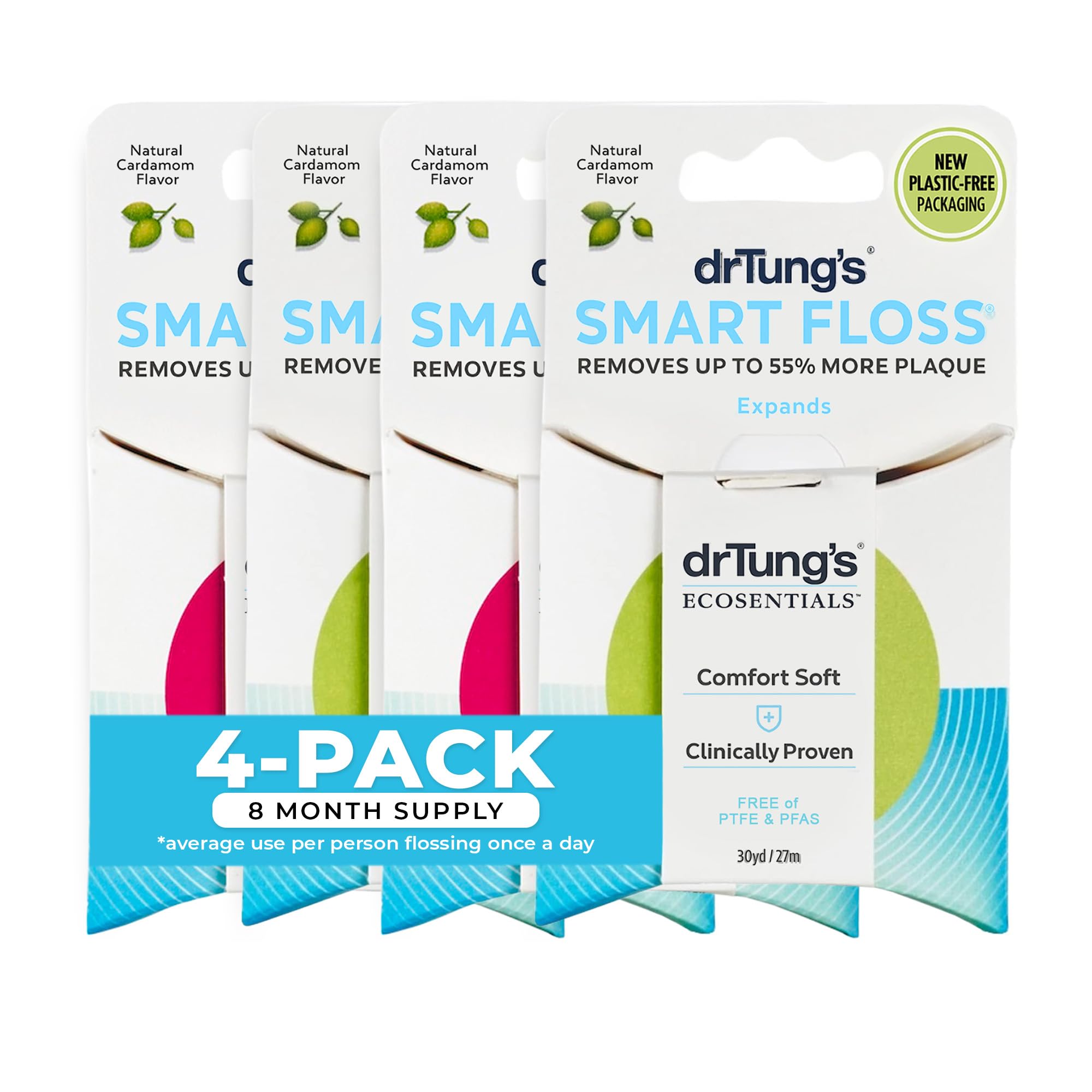 Smart Floss - Natural Dental Floss, PTFE & PFAS Free, Gentle on Gums, Expands & Stretches, BPA Free - Cardamom Flavor (Pack of 4)