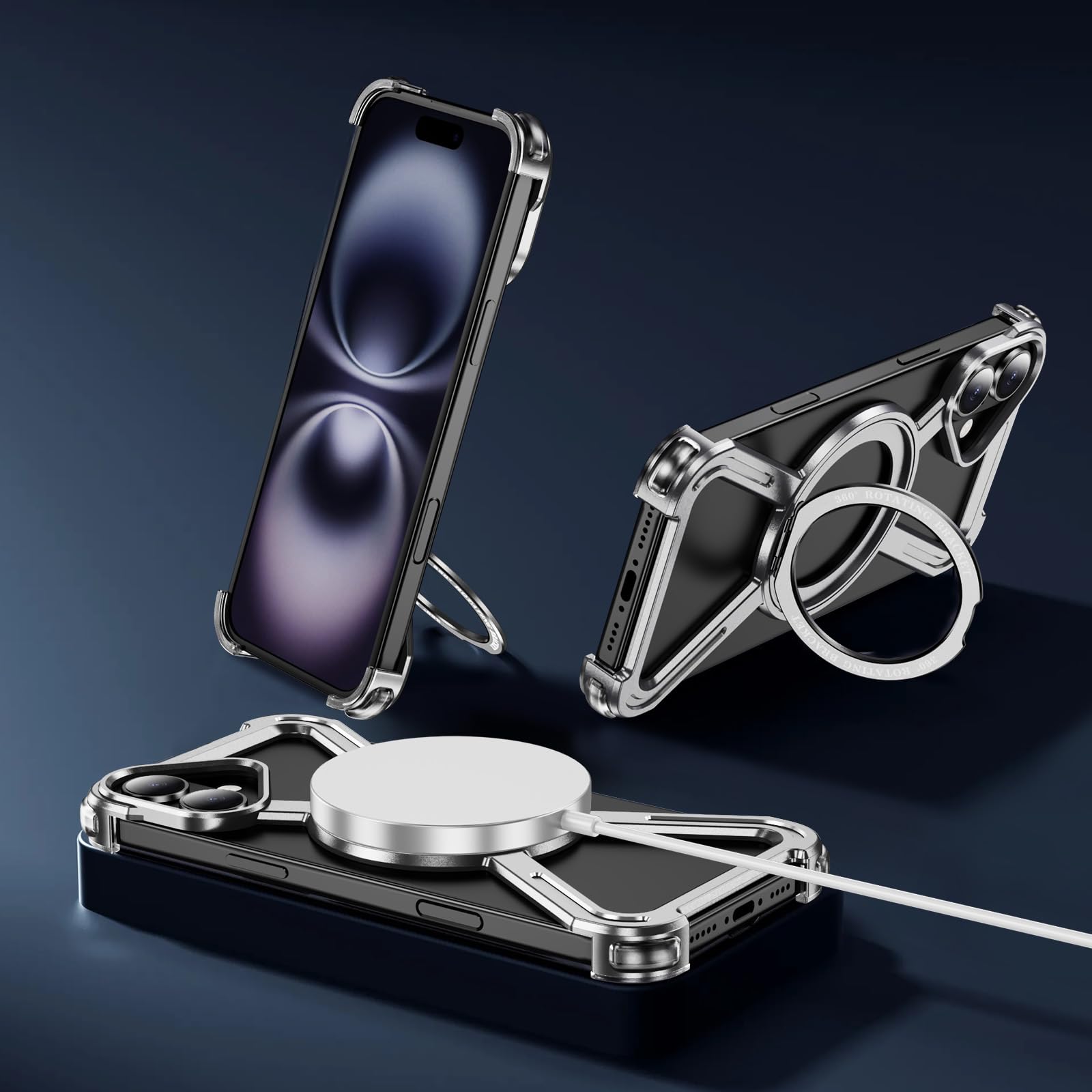 QIWEIQING Etui szkieletowe do iPhone'a 17 16.0 cm, ochrona klasy wojskowej, magnetyczna podpórka 360°, kompatybilna z MagSafe, tytanowa, odporna na wstrząsy osłona do iPhone 17 16.0 cm, srebrne, THJ