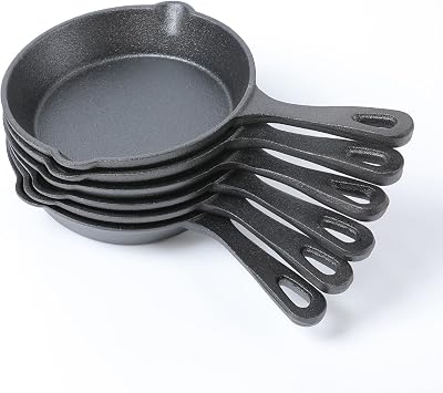 HAWOK Cast Iron Skillet Set 6 Pcs, Dia.6 Inch Round Pan, Cast Iron Server, Frying Pan, Pre-seasoned