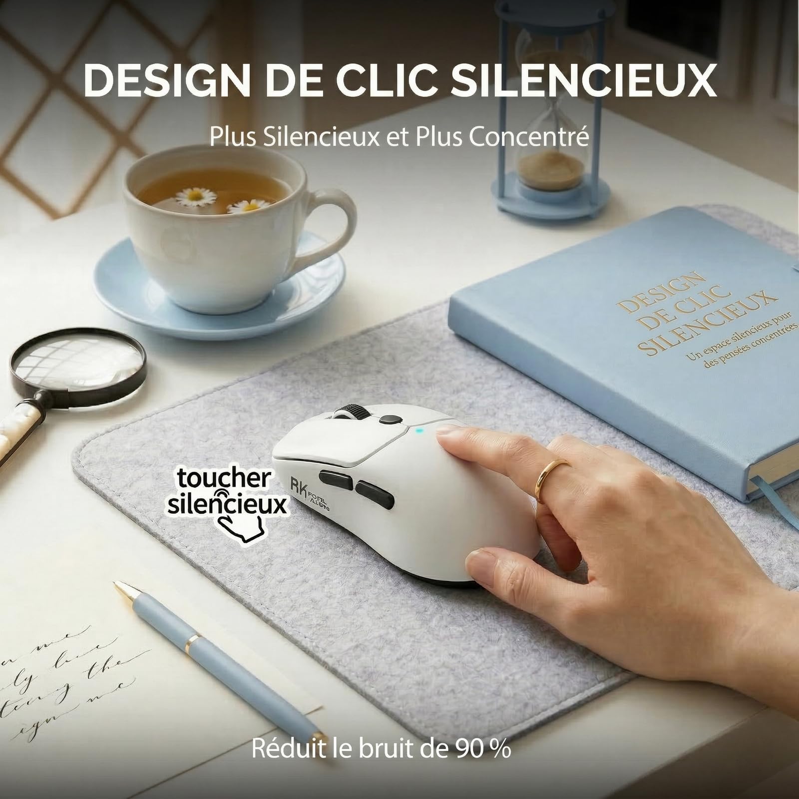 RK ROYAL KLUDGE MO1 Souris Gamer, Ultra-Légère 51g, 6 Boutons Programmables, Connexion 2.4GHz/Bluetooth/Filaire, Capteur Optique 6000 DPI, Blanc