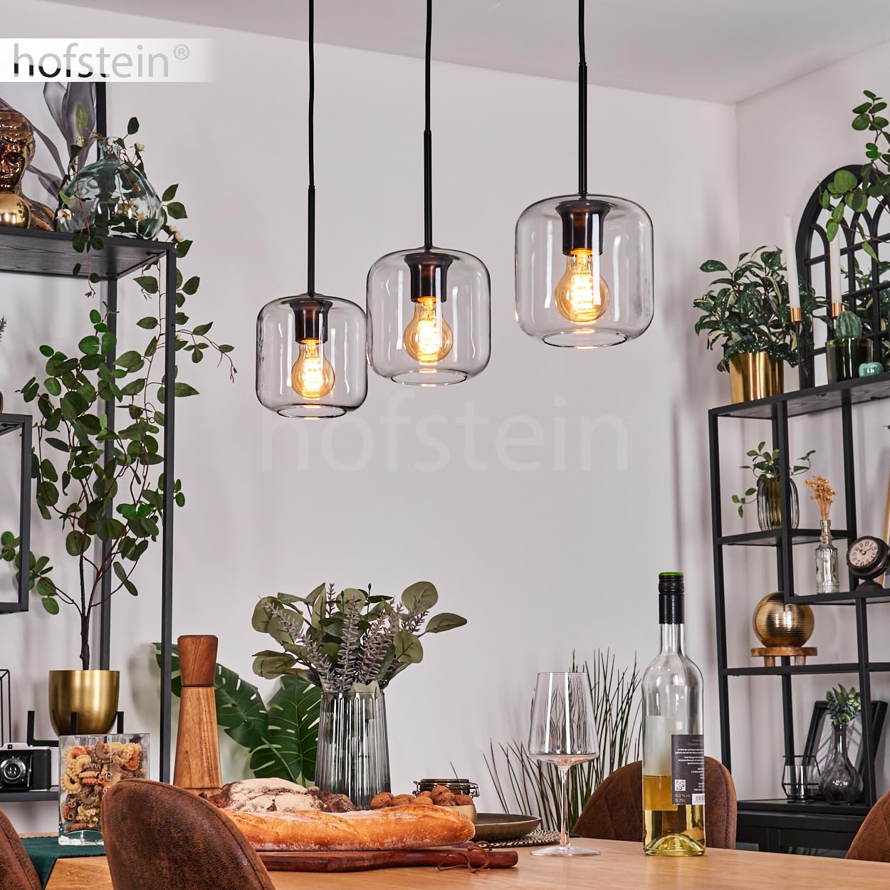 HOFSTEIN Lampadario a sospensione Lauden, 3 luci, in metallo/vetro, nero/trasparente, moderna lampada a sospensione in design retrò/vintage, diametro paralumi 20 cm, E27, sala da pranzo, cucina