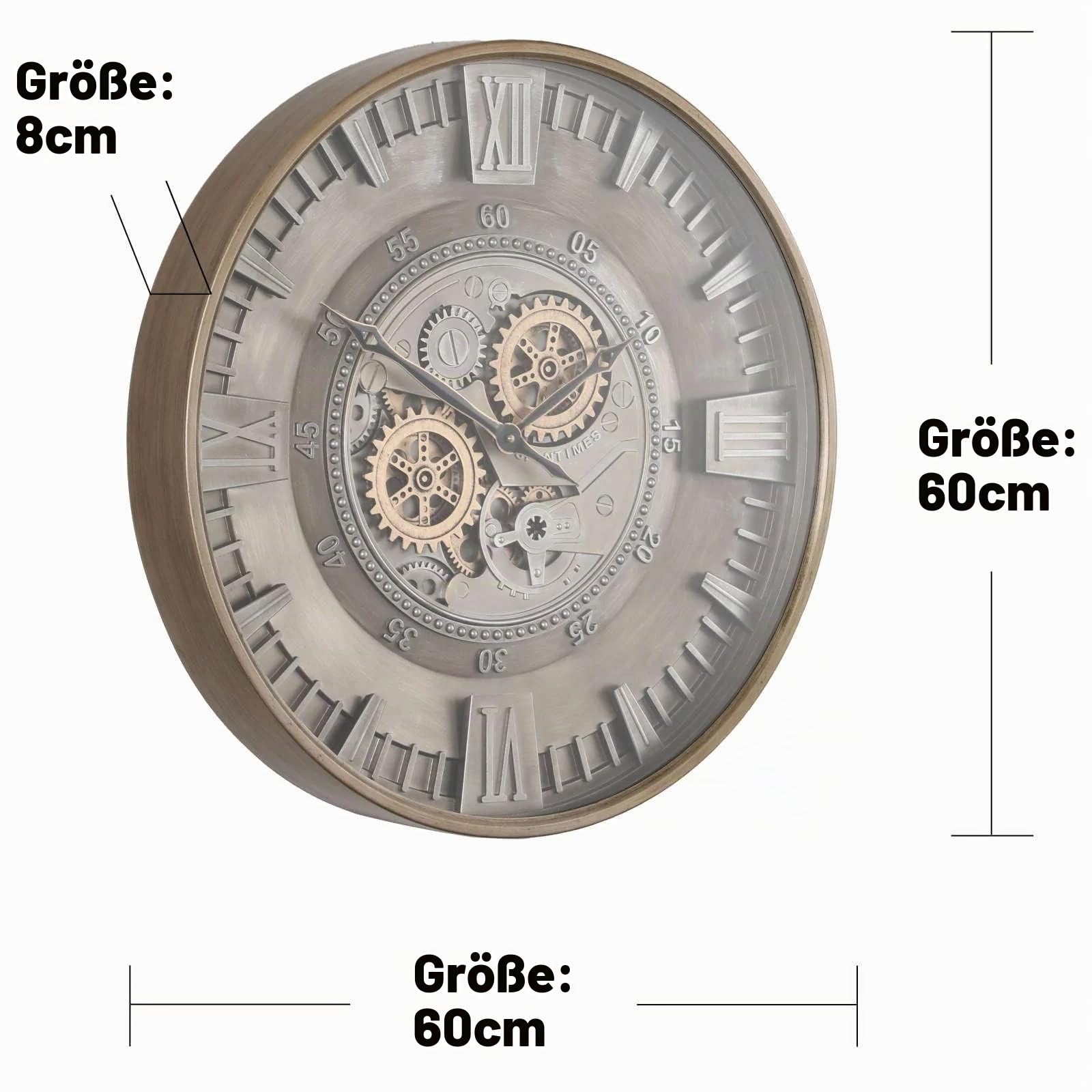 Wanduhr mit echtem Bewegungsgetriebe Zahnrädern 59,5cm (Metall, Antike Grau)