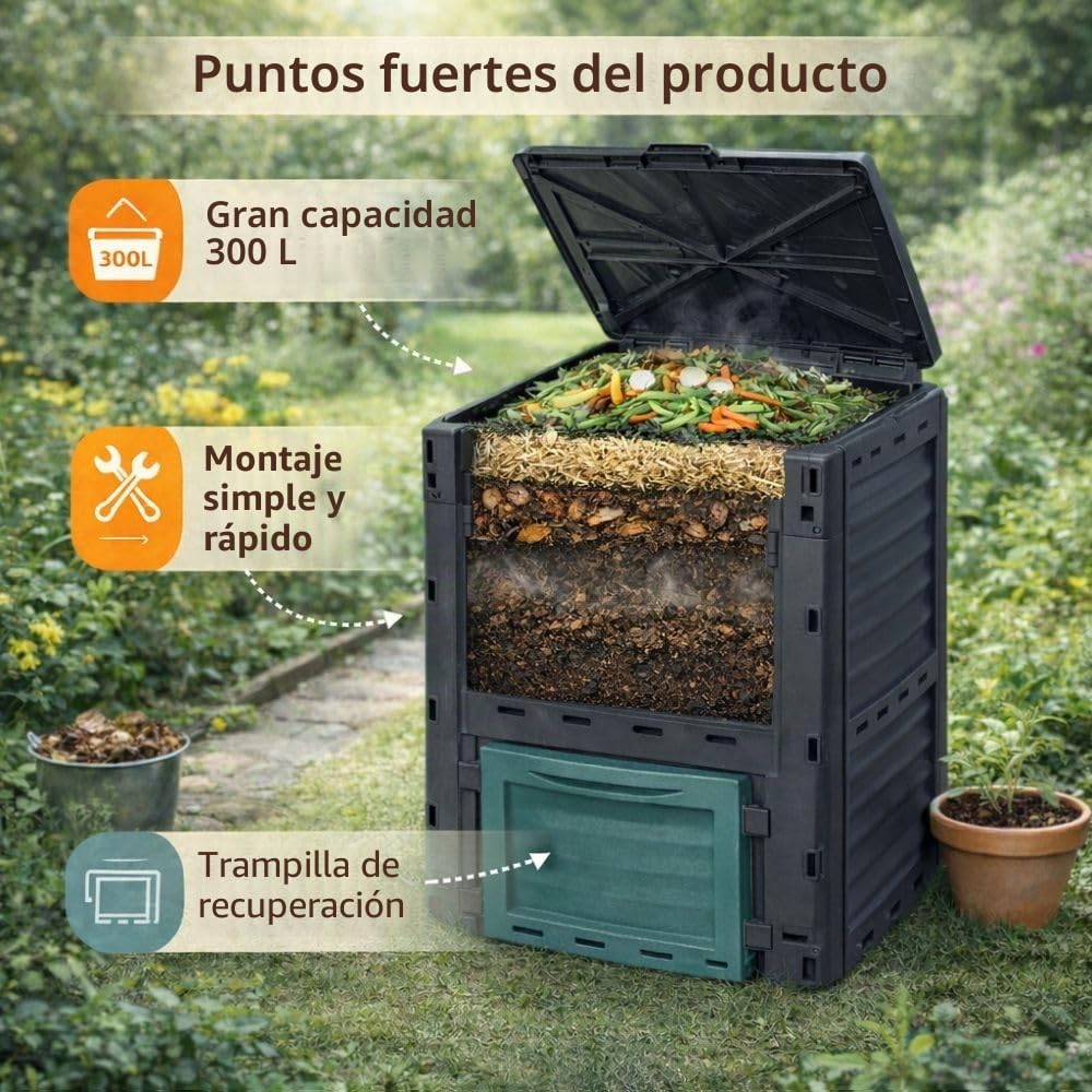 TERRE JARDIN - Compostador de Jardín, 300 L - Contenedor de Compost, 83 x 61 x 61 cm, de Polipropileno Contenedor Compostador de Residuos de Jardín, Resistente a Golpes y a los UV