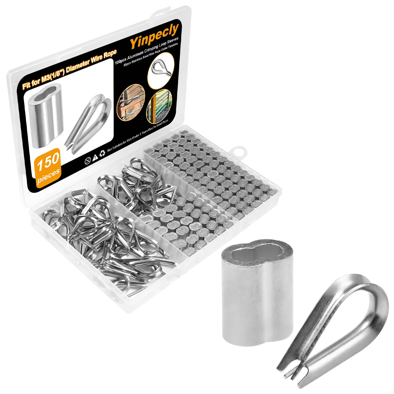 Yinpecly 100pcs 1/8" Wire Rope Aluminum Crimping Loop Sleeves And 50pcs - View #12