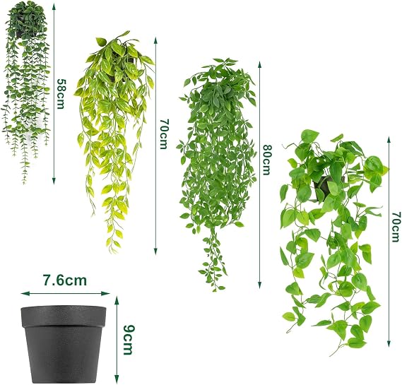 Artificial Hanging Plants with Pots Fake Ivy Vine Trailing Plants UV-Resistant PE Faux Greenery for Indoor Outdoor Home Decor Wall Patio Shelf and Office Decoration (Green 4Pcs)