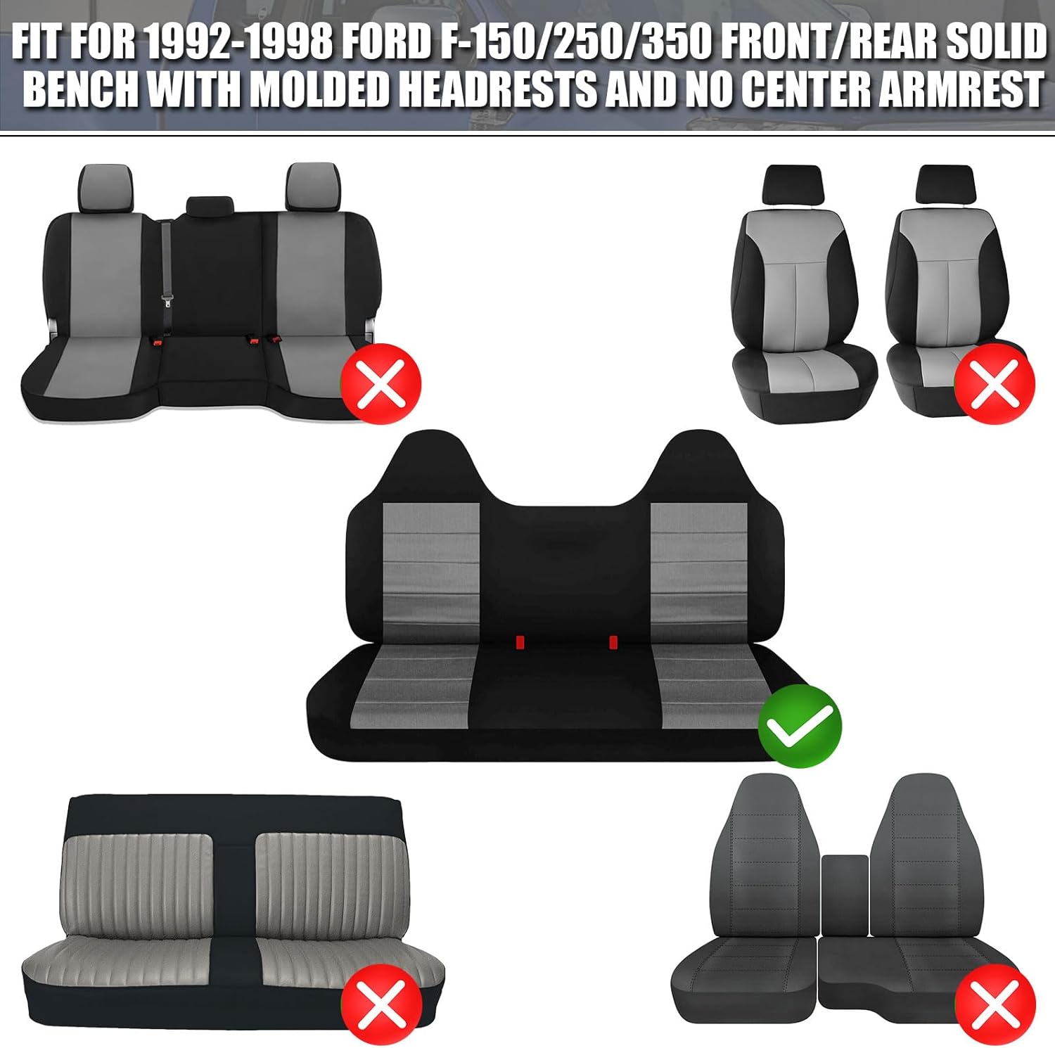 Custom-Fit Seat Covers Replace for 1992-1998 Ford F-150 F-250 F-350 Front/Rear Solid Bench Seat with Molded Headrests No Center Armrest, Knitted Fabric Composite Soft Foam Lining Breathable Material