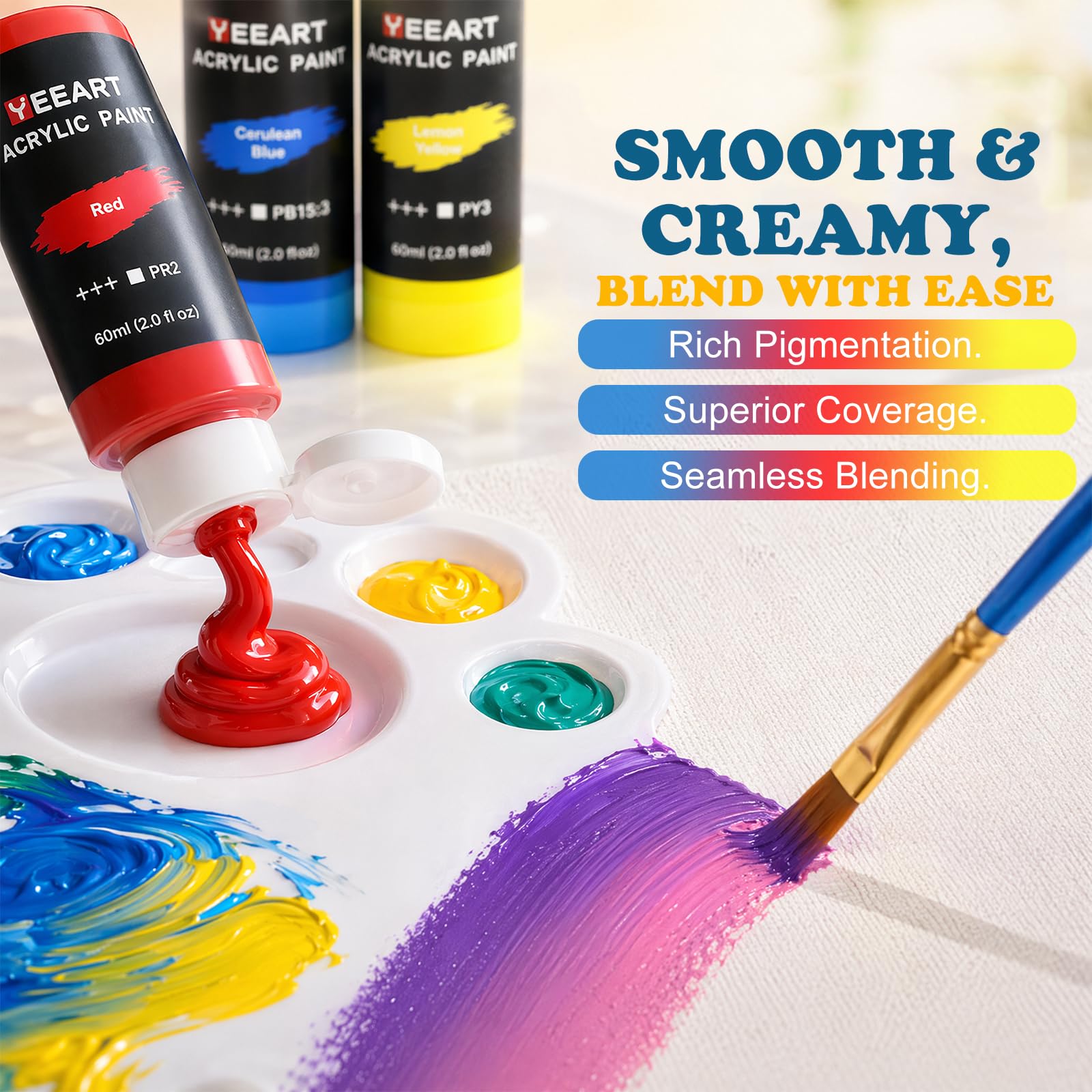Juego de pinturas acrílicas, 50 colores × 60 ml, juego de pinturas acrílicas para adultos, 10 pinceles, no tóxico, resistente al agua, pigmentos ricos para adultos sobre piedras, lienzo, madera