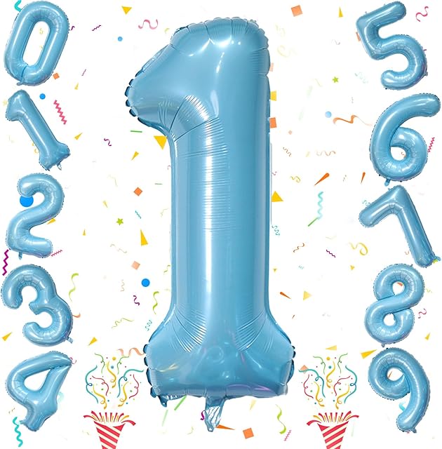 Light Blue Number 1 Balloon for 1st Birthday, 40 Inch Large Number Foil Balloons, Self Inflating for Kids Boys Men Age Birthday Party Anniversary Party Decoration Supplies