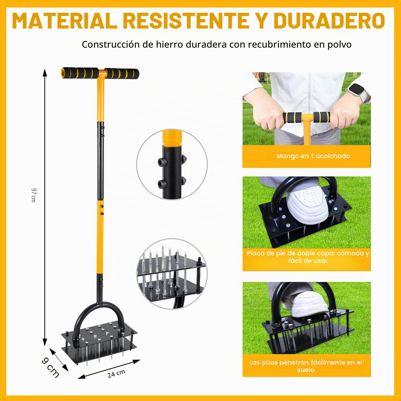 ROCKY&CHAO Aireador Manual para césped – Herramienta con Base Doble, 16 púas y 4 resortes, Mango en T Altura Ajustable, Ideal para Suelos compactos y Cuidado del jardín