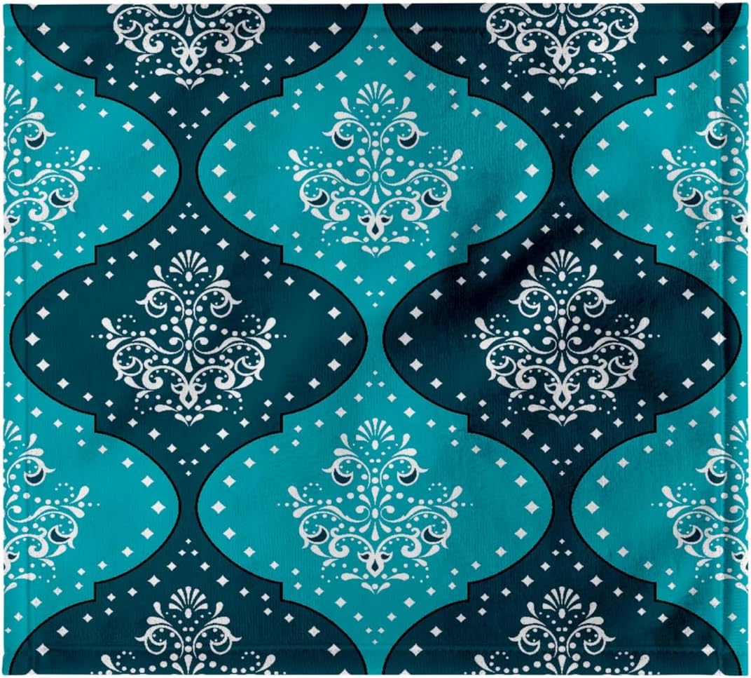 3dRose Teal and Aqua White Henna Style Modern Damask 22x30 Bath Hand Pool Towel