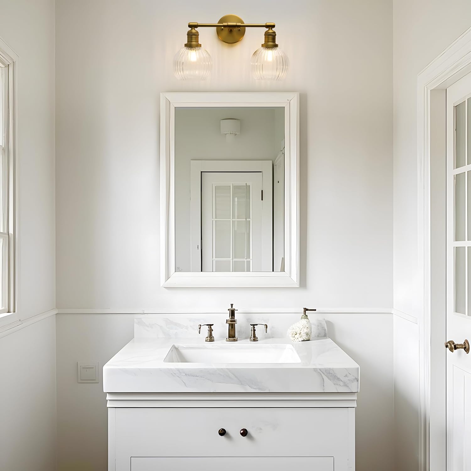 Industrial Double Armed Glass Wall Sconce with Clear Striped Globe Shade, Indoor 2-Light Wall Vanity Light Fixture Hardwired for Bathroom Farmhouse Living Room Bedroom