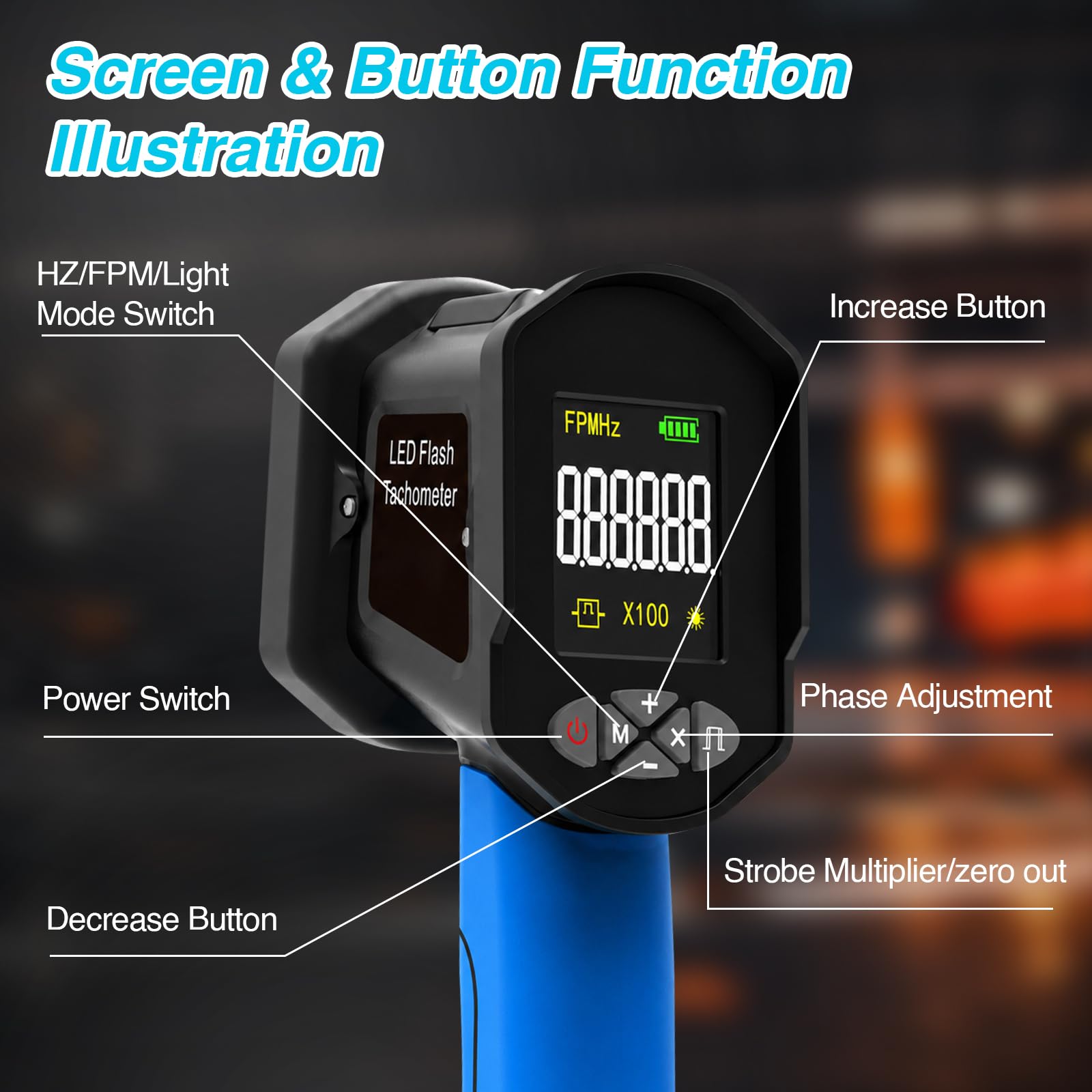60-100000 U/min Digital Strobe Tachometer, berührungsloser Handheld LED Stroboskop mit 0.001% Genauigkeit der Geschwindigkeitsmessung, 1500LUX, 16 LEDs, USB-aufladbar, LCD-Display für Motoren, Lüfter