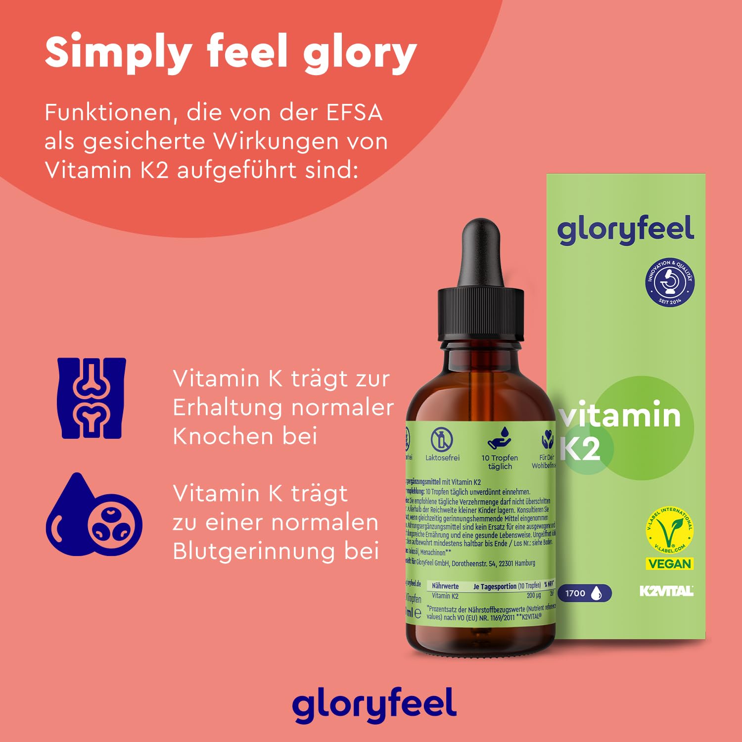 Vitamin K2 Tropfen - 200µg (50ml) MK7 K2VITAL® - All-Trans Gehalt 99,7+% - Vegan, laborgeprüft, ohne Zusätze in Deutschland hergestellt