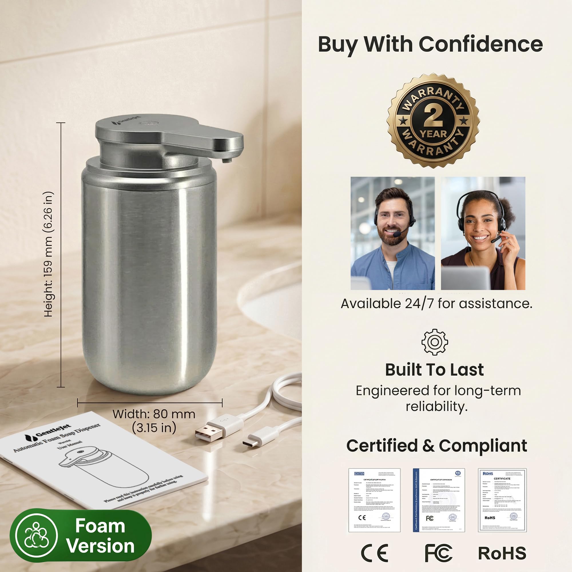GentleJet SimpleFoam, dispenser automatico di sapone in schiuma, ricaricabile, senza contatto, per bagno o cucina, doppi livelli di schiuma, modalità di pulizia automatica (acciaio spazzolato, 350 ml)