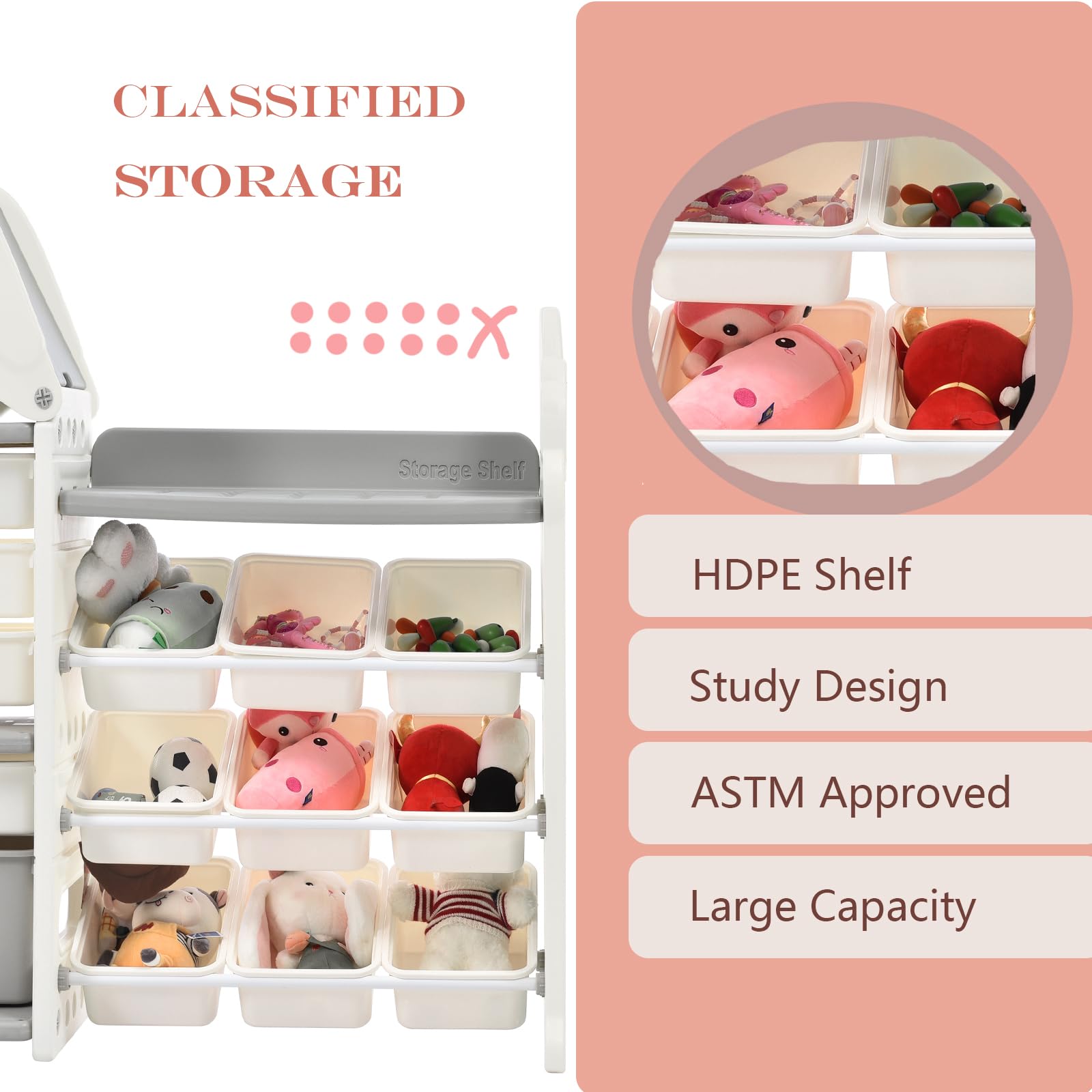 HSUFLWS Toy Storage with 14 Bins, Toy Organizer with Hanging Racks, Top Storage Shelf for Bedroom, Living Room, Kids Room, ASTM Professional Organization Tested. (Gray)